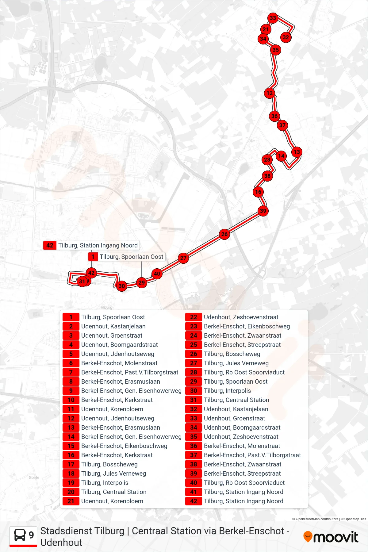 9 bus Line (Tilburg) route and stops on a map