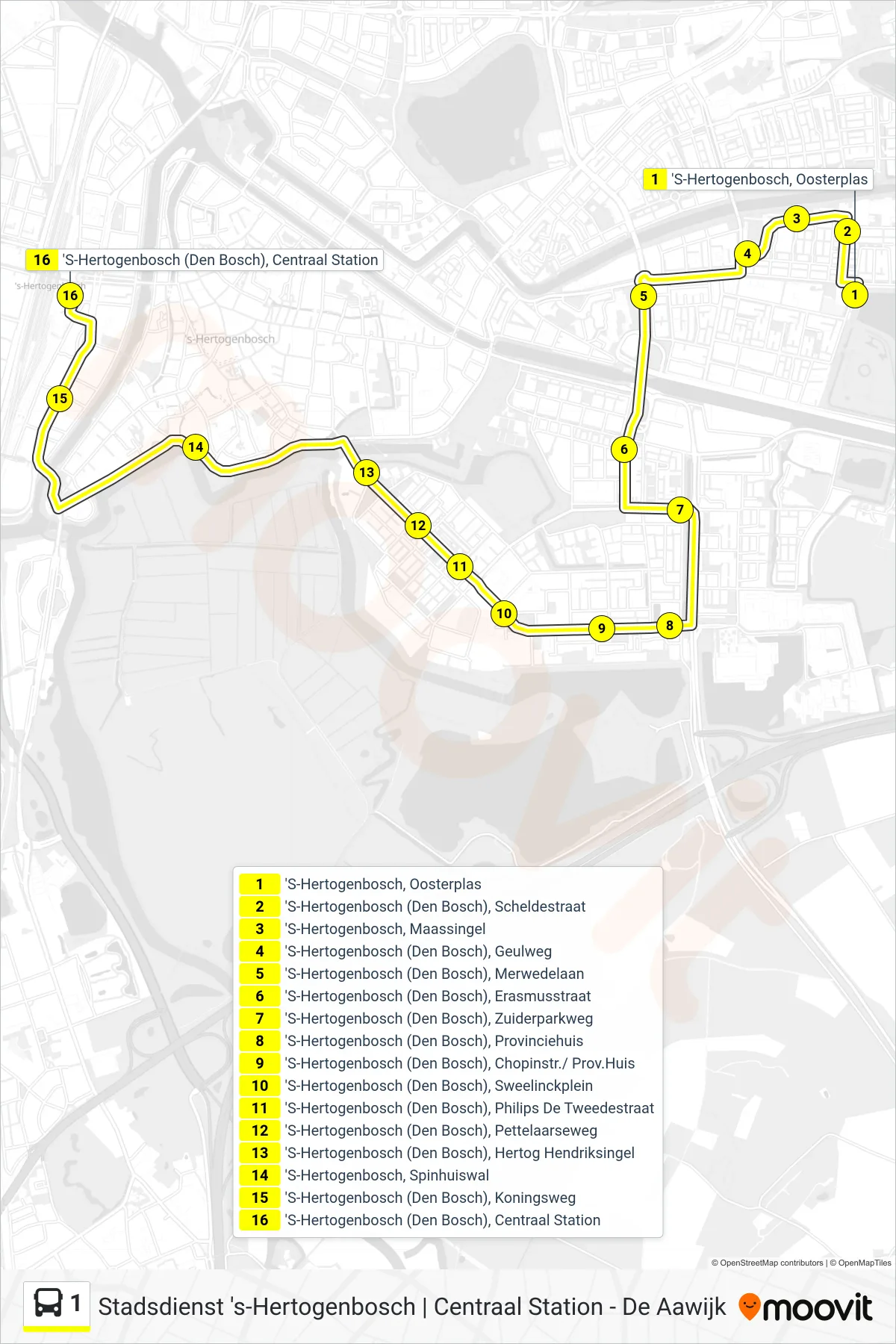 Lijn 1 (bus, Centraal Station): route en haltes op de kaart