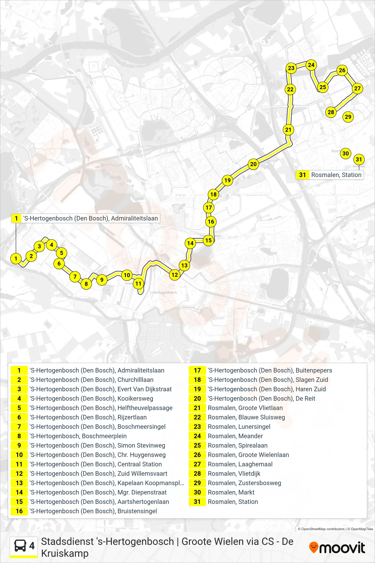4 bus Line (Rosmalen) route and stops on a map