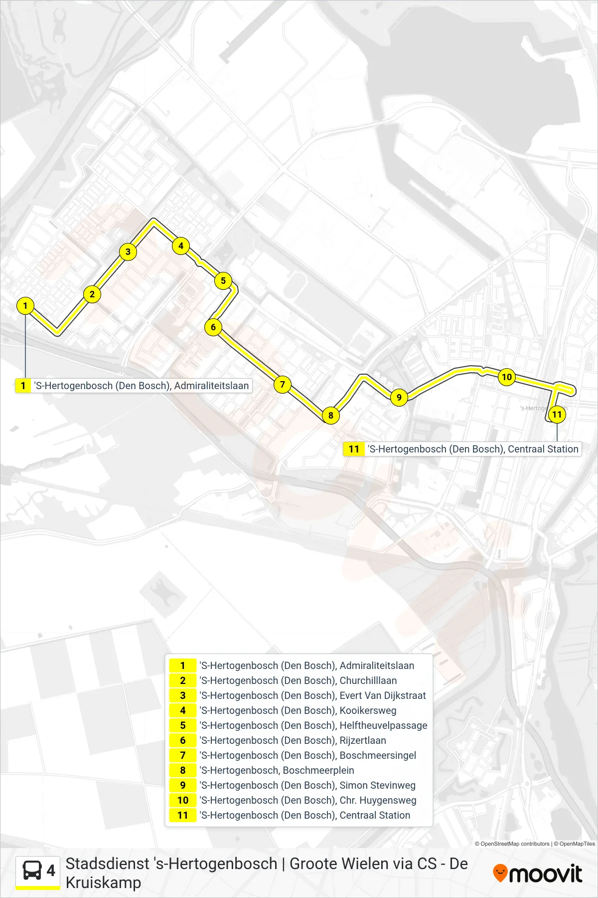 4 bus Line (Centraal Station) route and stops on a map