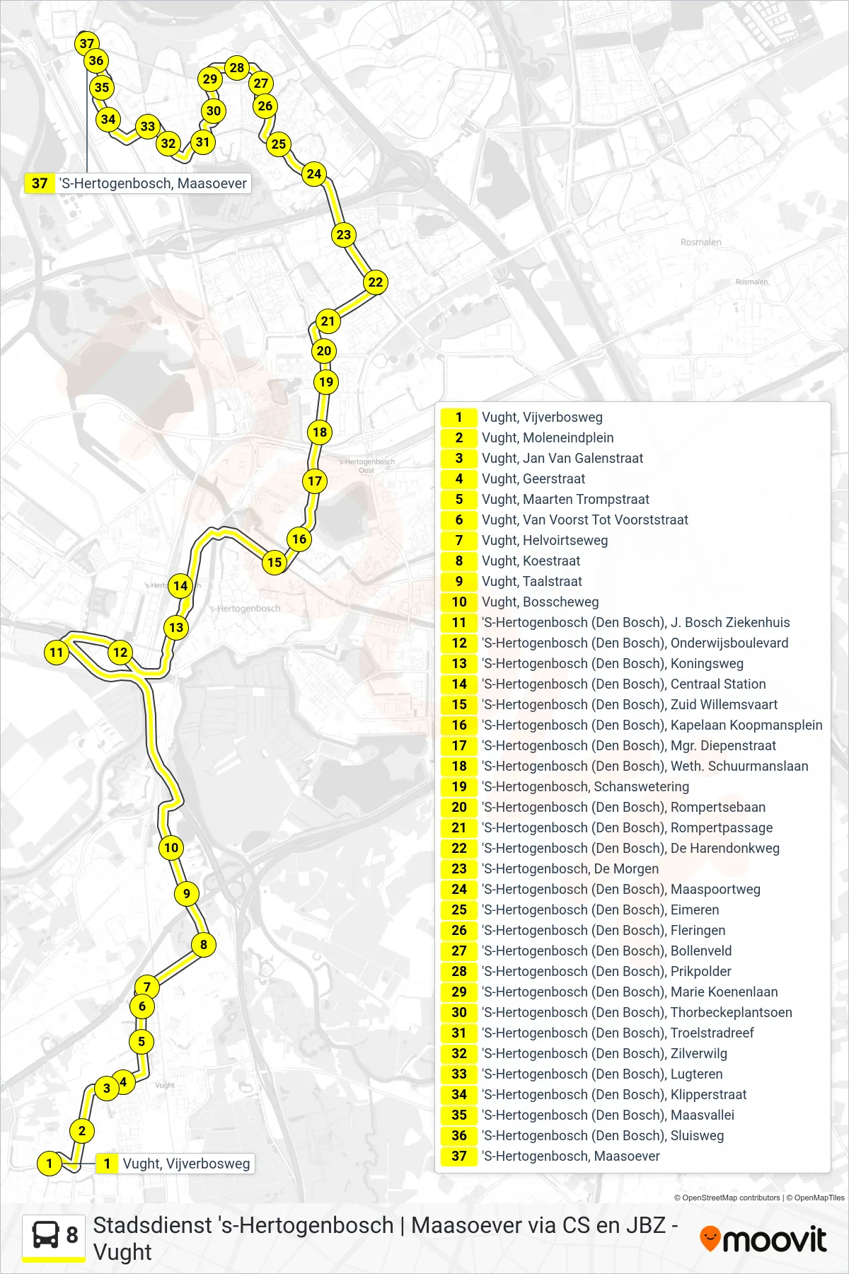 8 bus Line (Den Bosch) route and stops on a map
