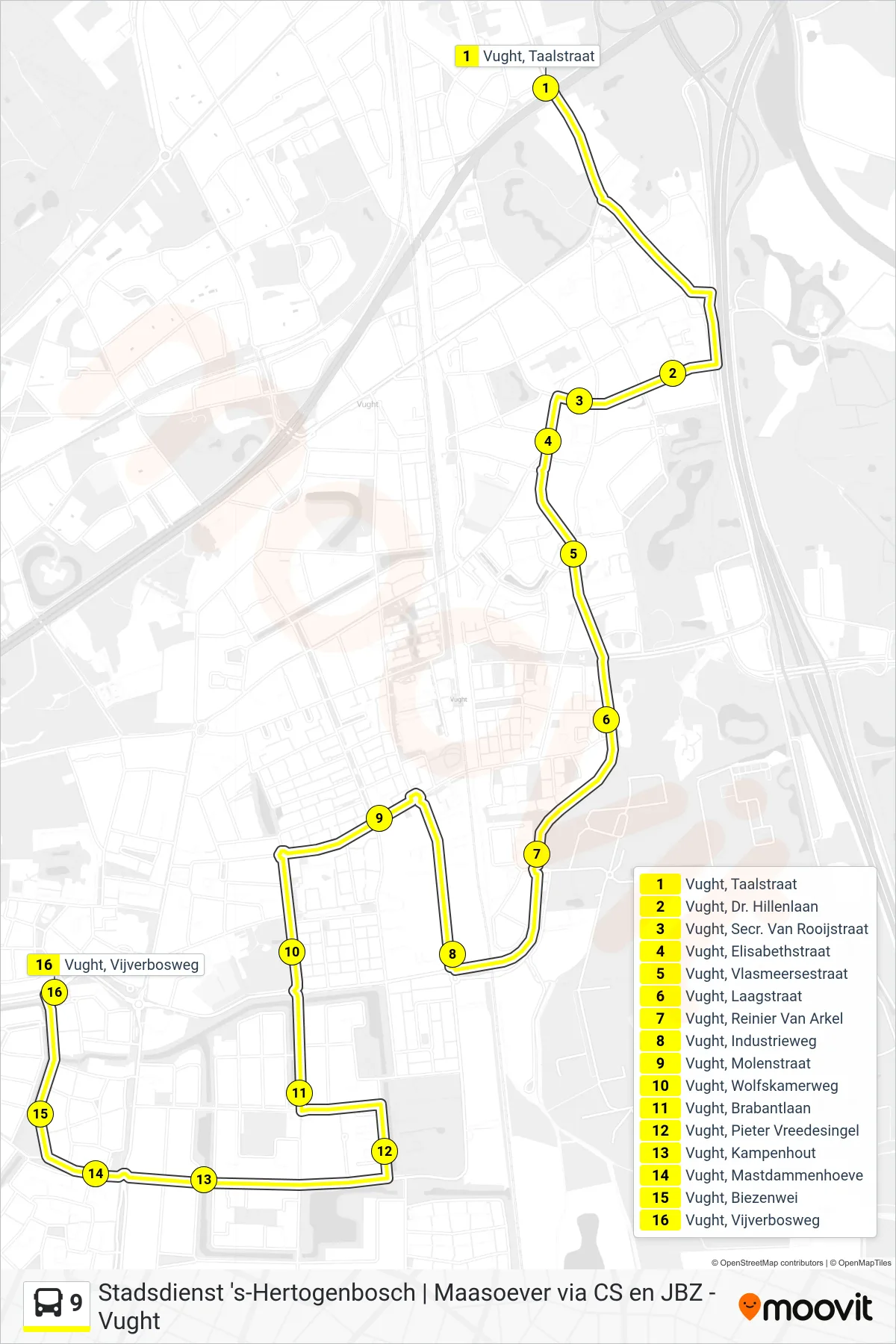 9 bus Line (Vught) route and stops on a map