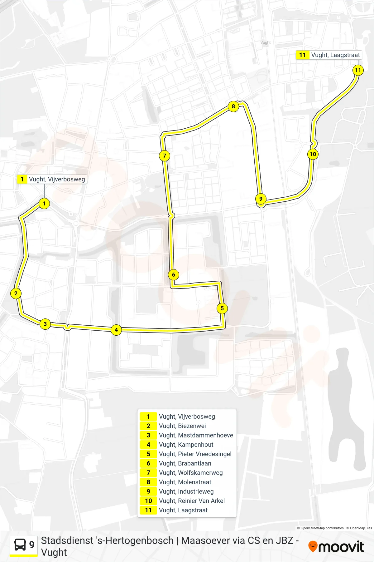 Lijn 9 (bus, Vught): route en haltes op de kaart