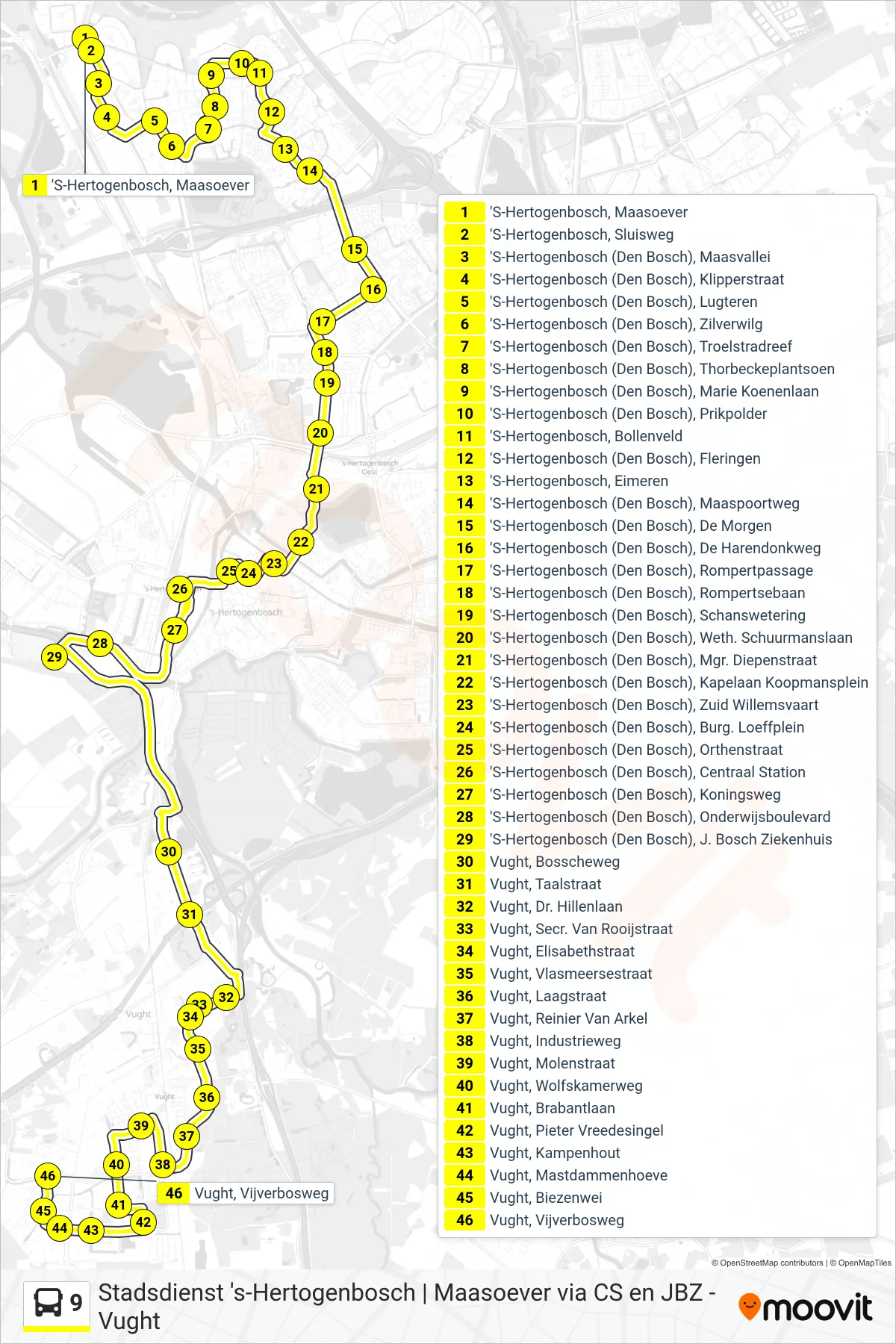 Lijn 9 (bus, Vught De Baarzen): route en haltes op de kaart