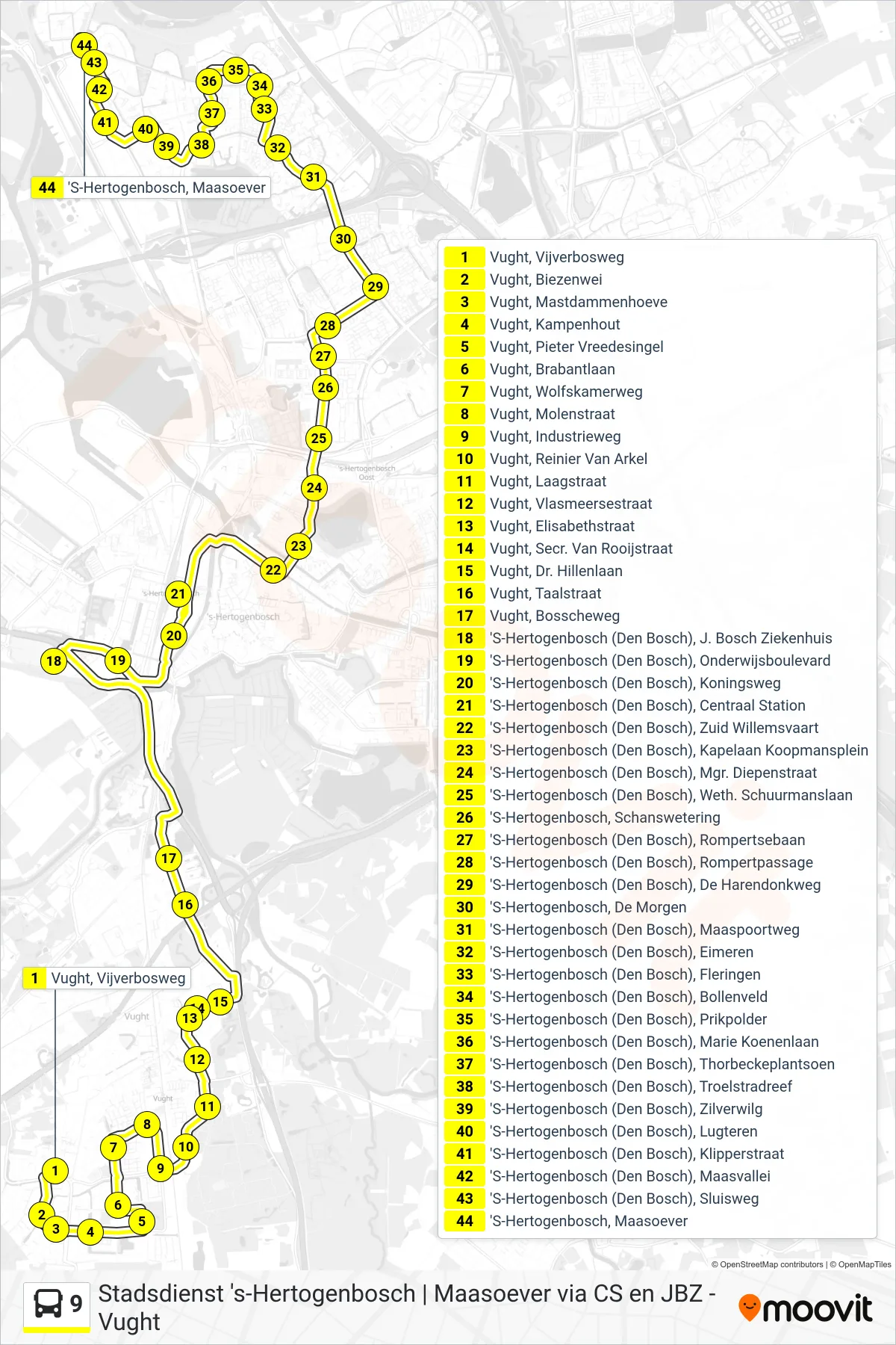 Lijn 9 (bus, Maasoever): route en haltes op de kaart