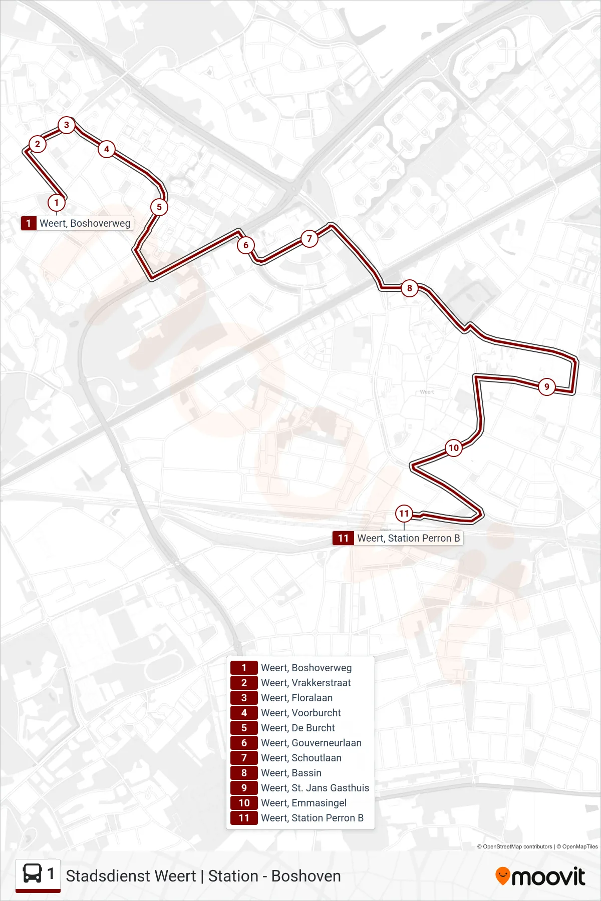 Lijn 1 (bus, Weert): route en haltes op de kaart