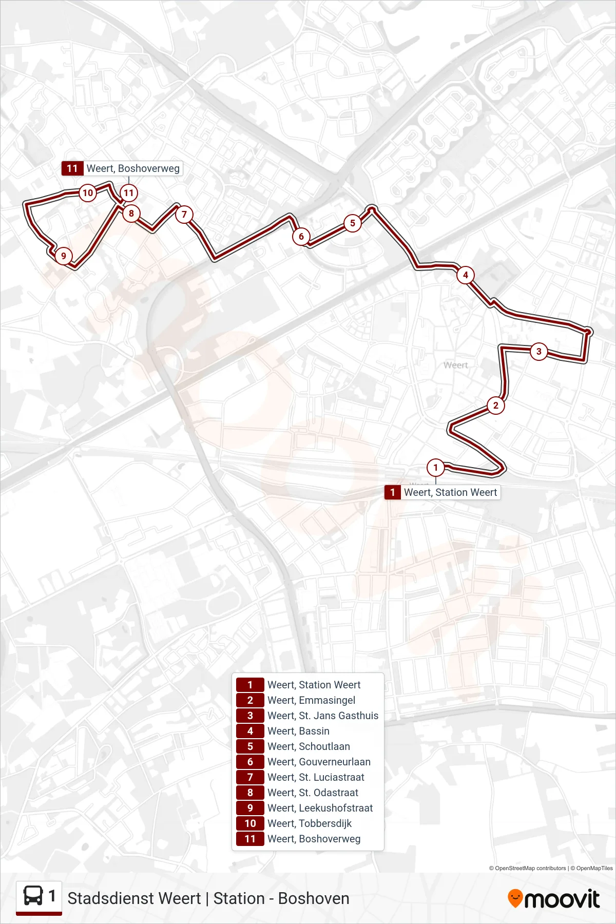 Lijn 1 (bus, Boshoven): route en haltes op de kaart