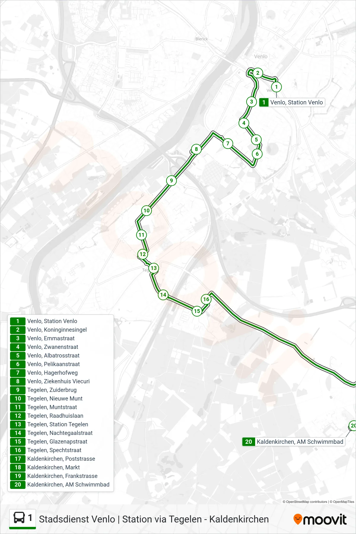Lijn 1 (bus, Kaldenkirchen): route en haltes op de kaart