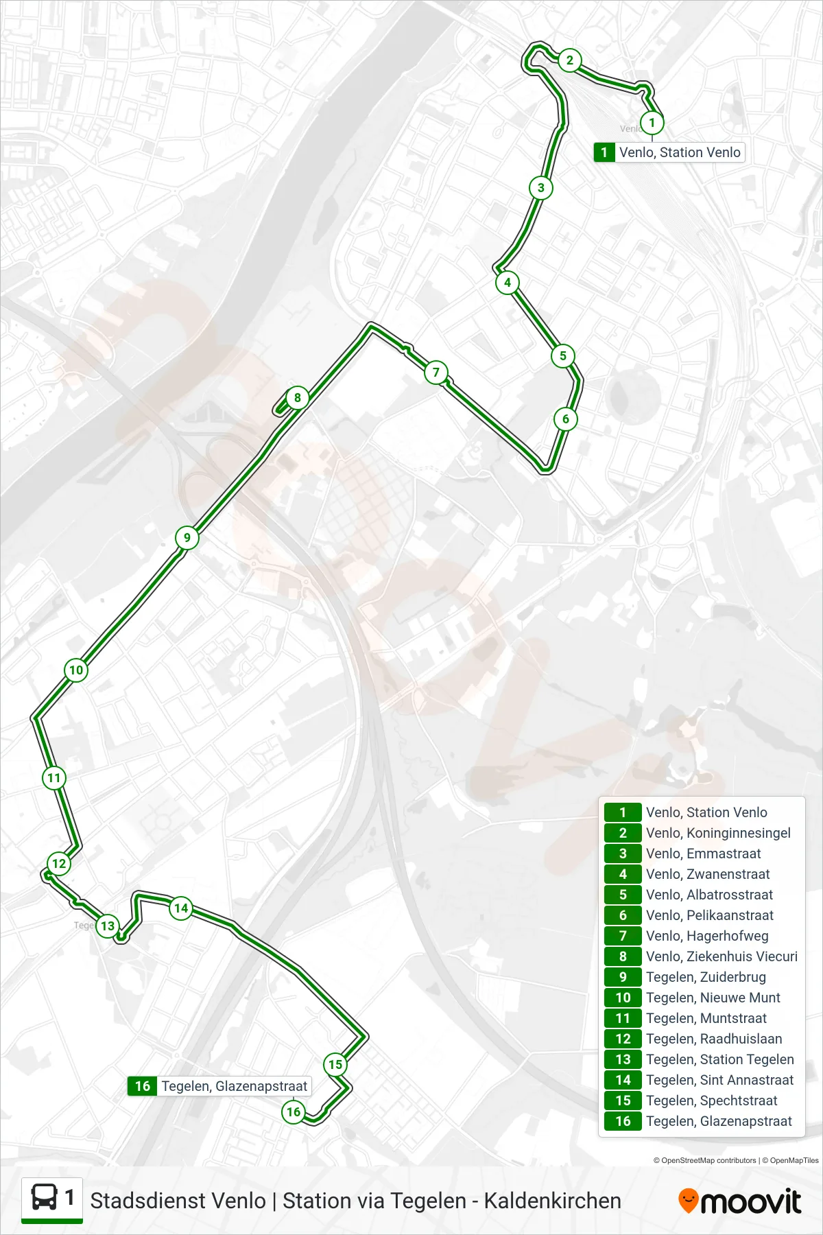 Lijn 1 (bus, Tegelen): route en haltes op de kaart