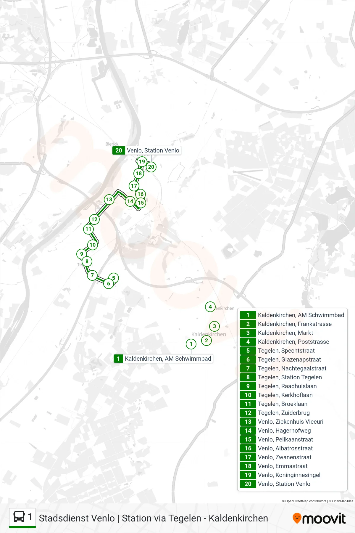 Lijn 1 (bus, Venlo Station): route en haltes op de kaart