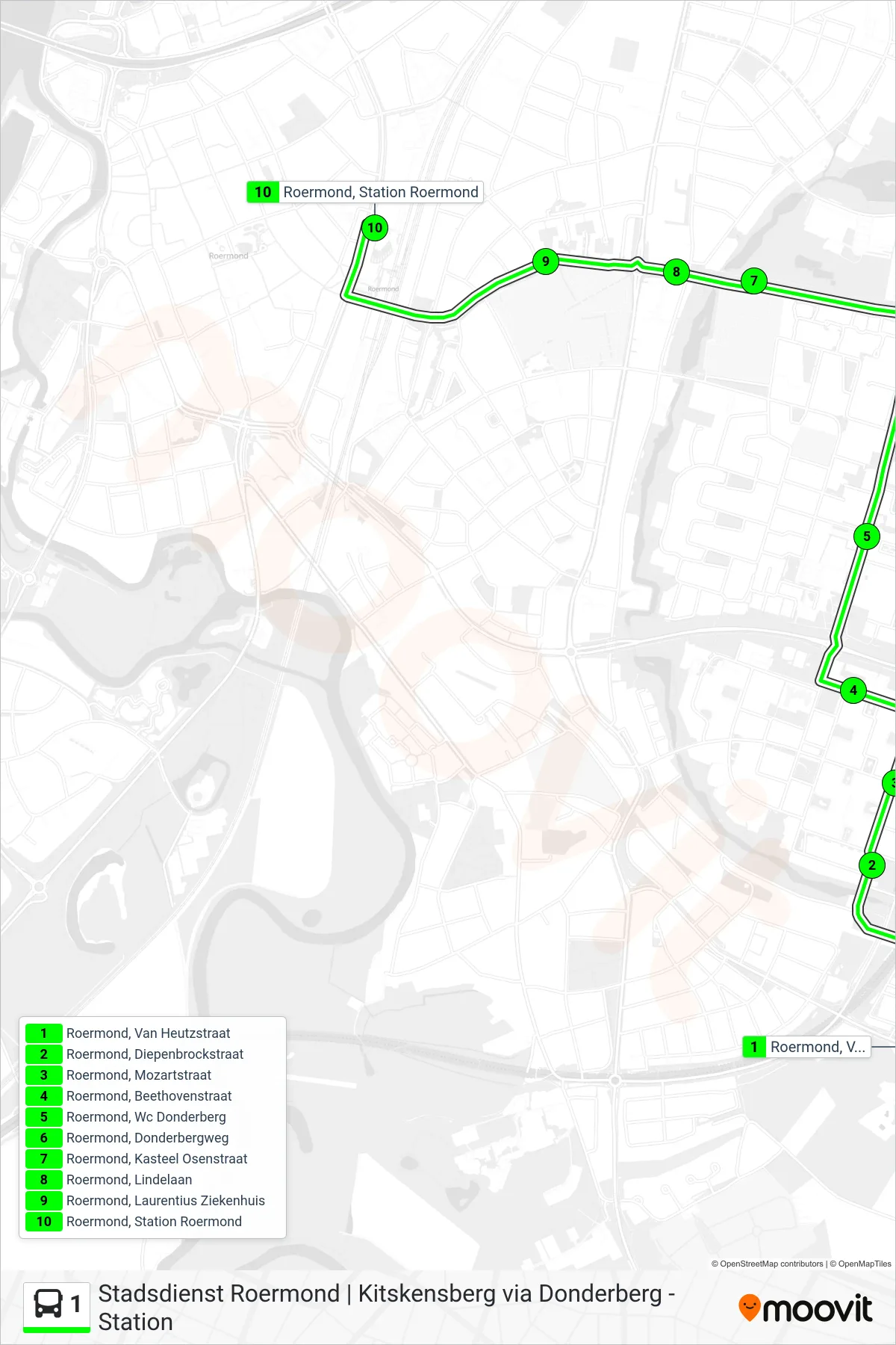 1 bus Line (Roermond Station) route and stops on a map