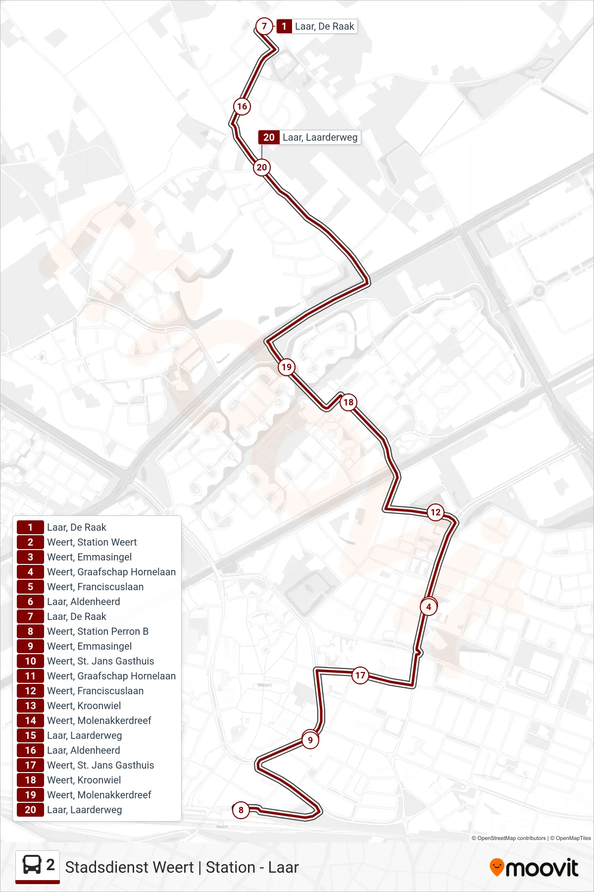 Lijn 2 (bus, Laar): route en haltes op de kaart
