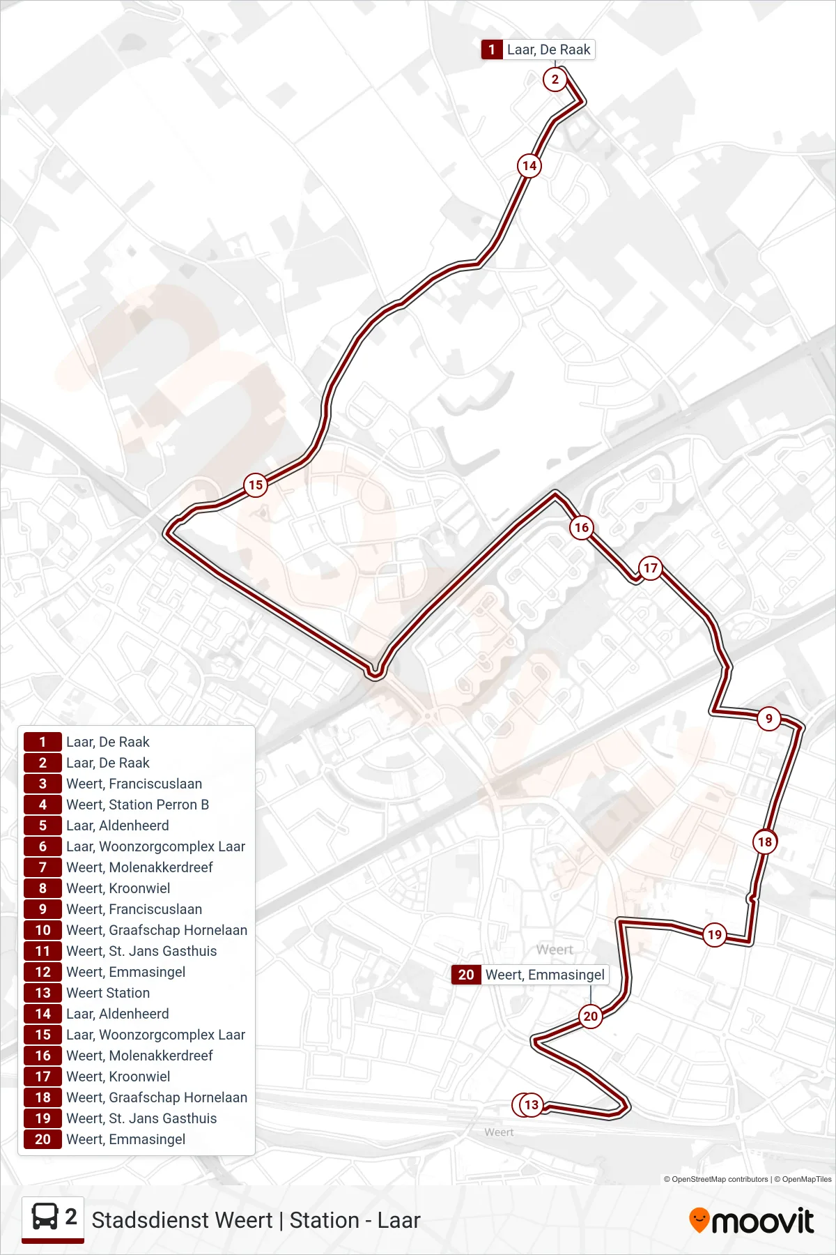 Lijn 2 (bus, Weert): route en haltes op de kaart