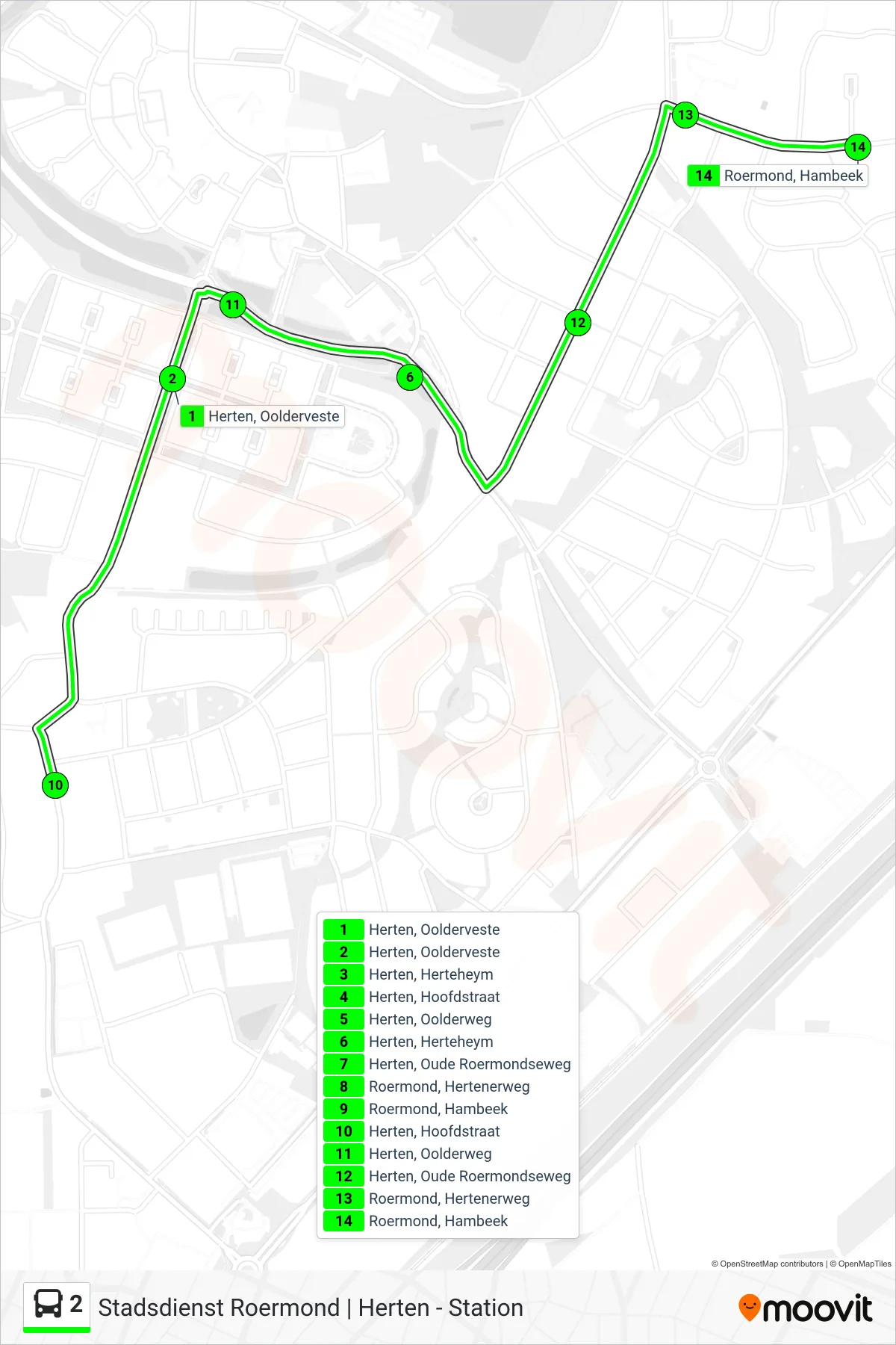 Lijn 2 (bus, Roermond Hambeek): route en haltes op de kaart