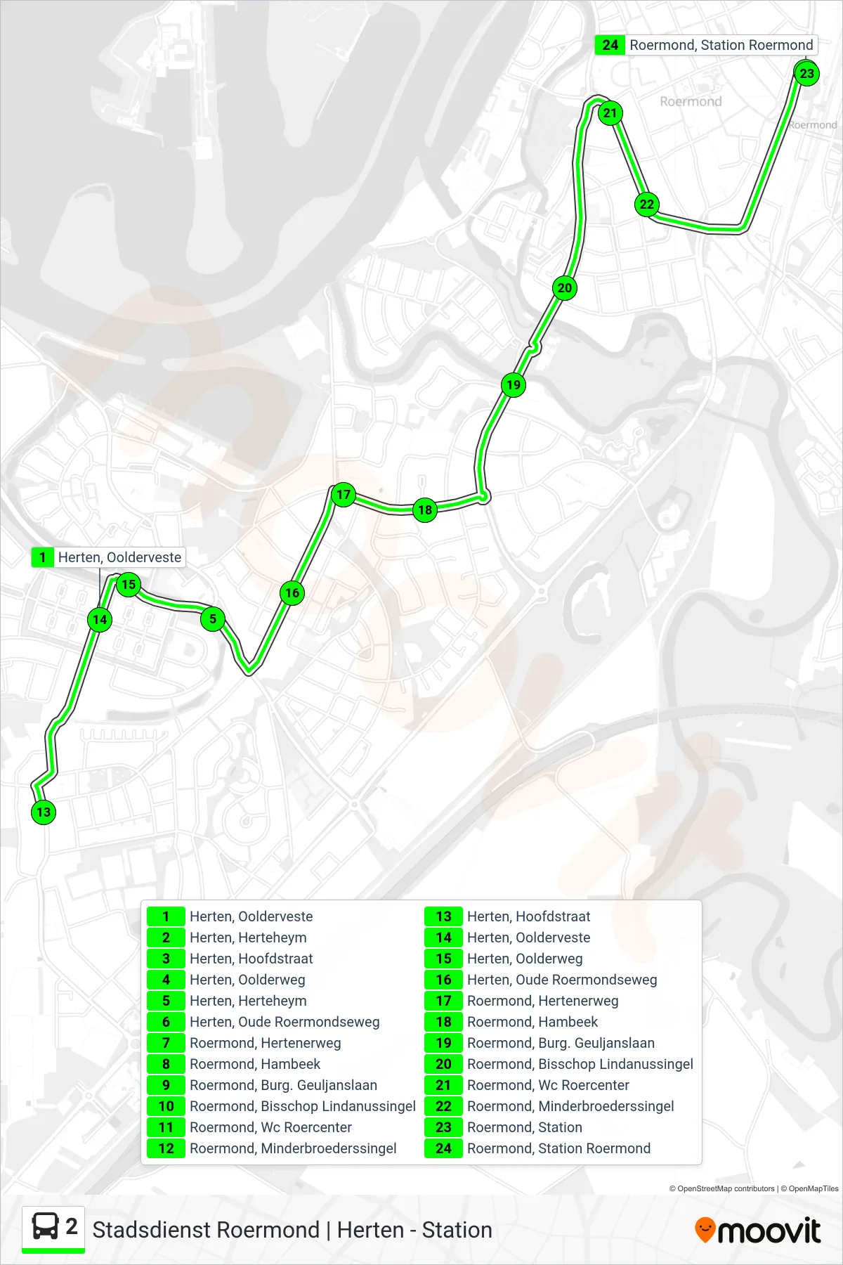 Lijn 2 (bus, Roermond Station): route en haltes op de kaart