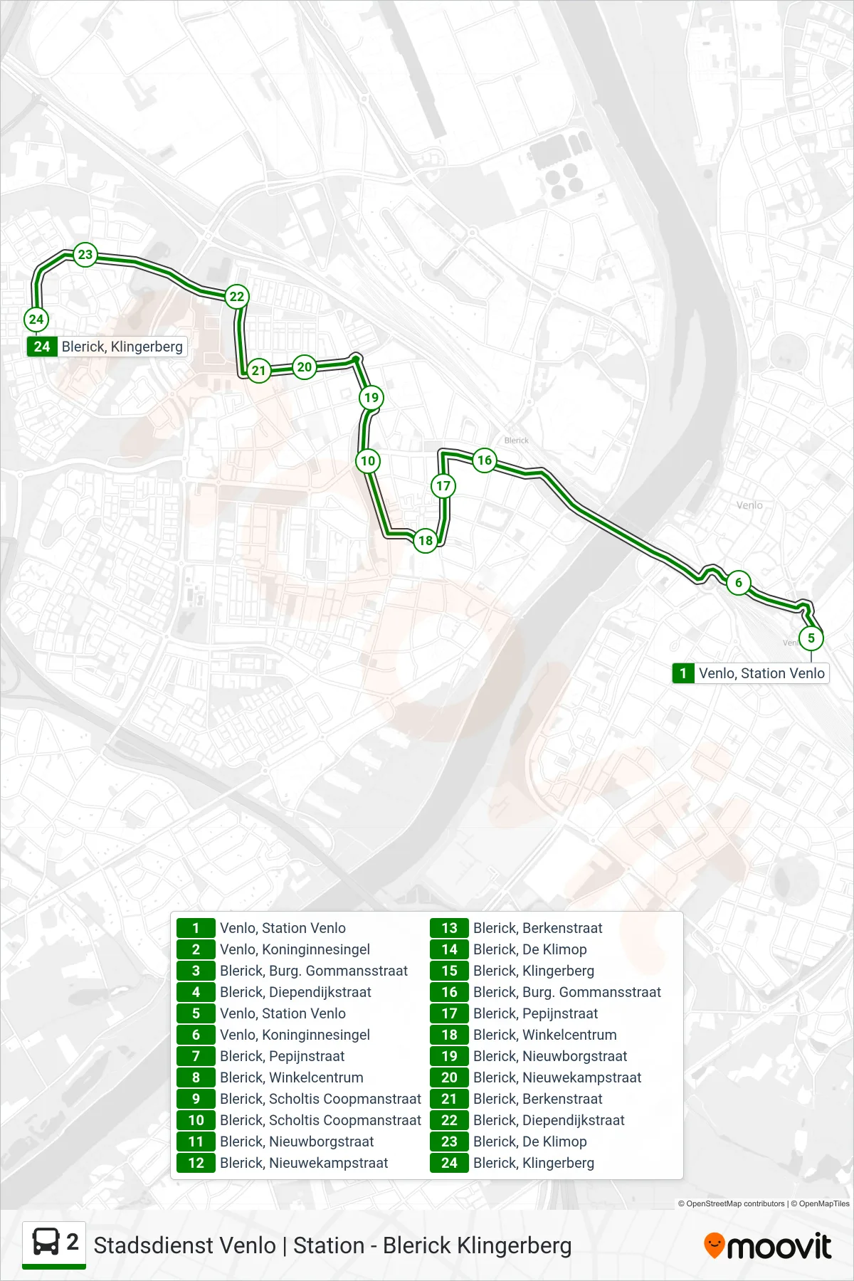 Lijn 2 (bus, Blerick): route en haltes op de kaart