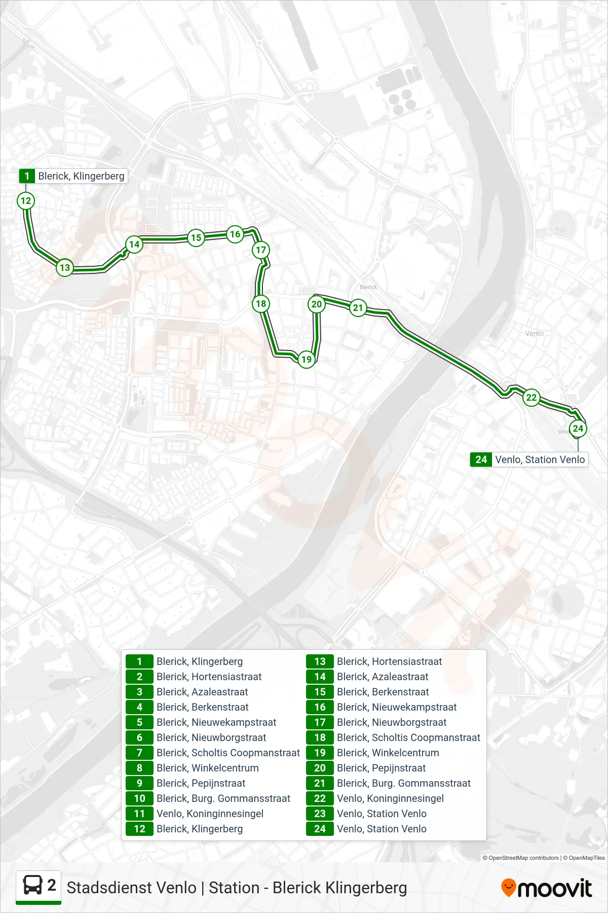 Lijn 2 (bus, Venlo Station): route en haltes op de kaart