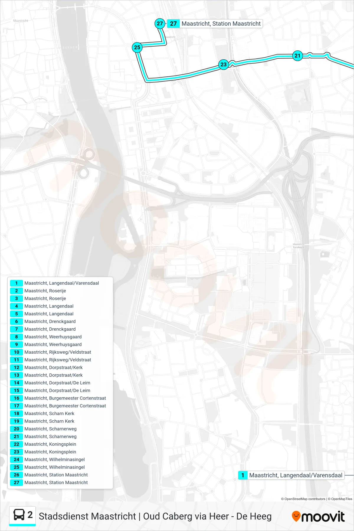 2 bus Line (Maastricht Station) route and stops on a map