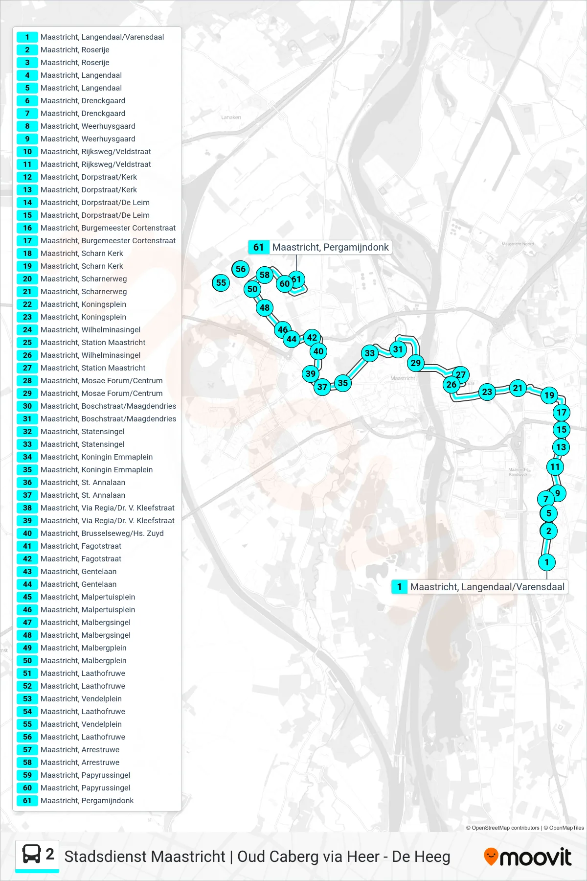 2 bus Line (Oud Caberg) route and stops on a map