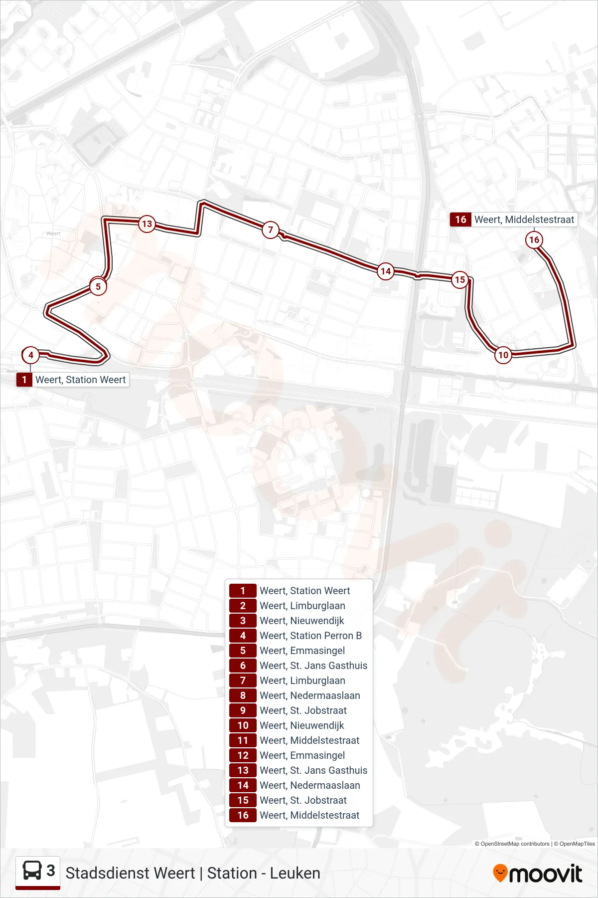 Lijn 3 (bus, Leuken): route en haltes op de kaart