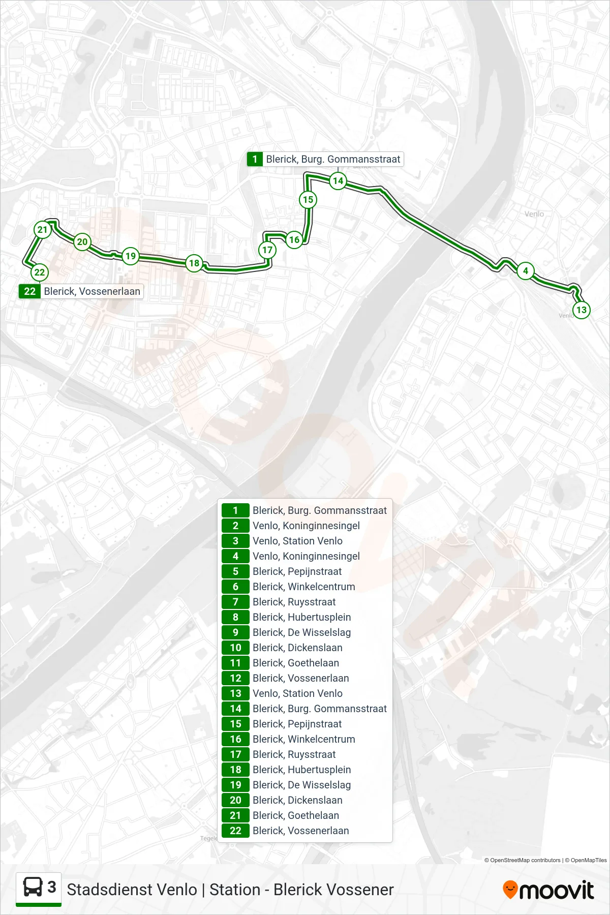 Lijn 3 (bus, Blerick Vossener): route en haltes op de kaart