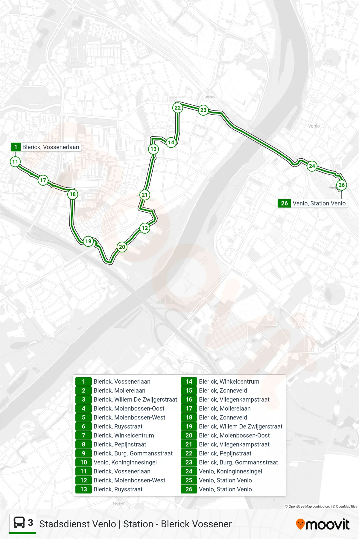 Lijn 3 (bus, Venlo Station): route en haltes op de kaart