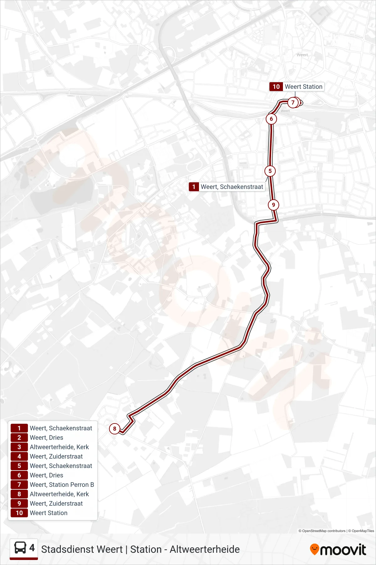 4 bus Line (Weert) route and stops on a map