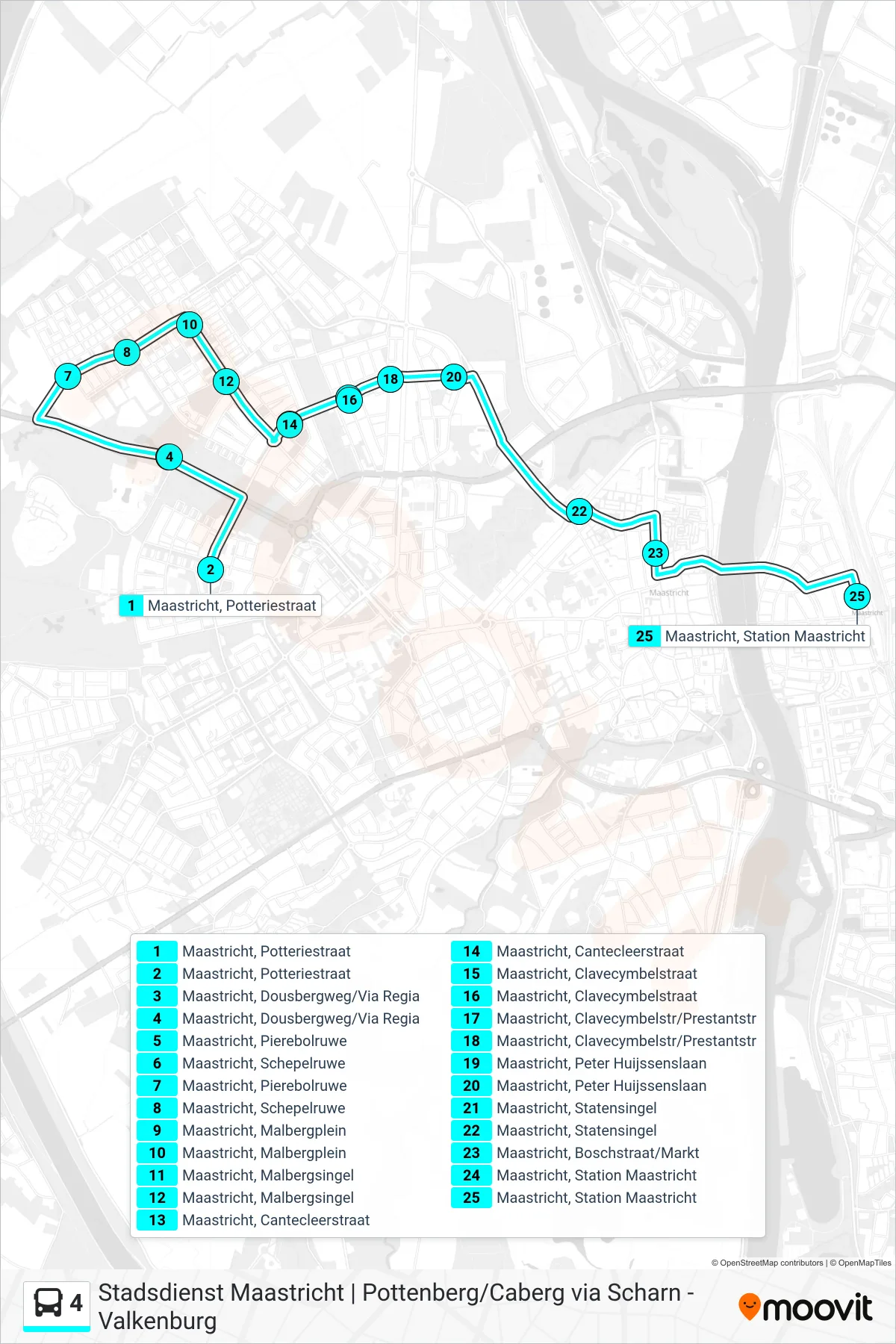 Lijn 4 (bus, Maastricht Station): route en haltes op de kaart