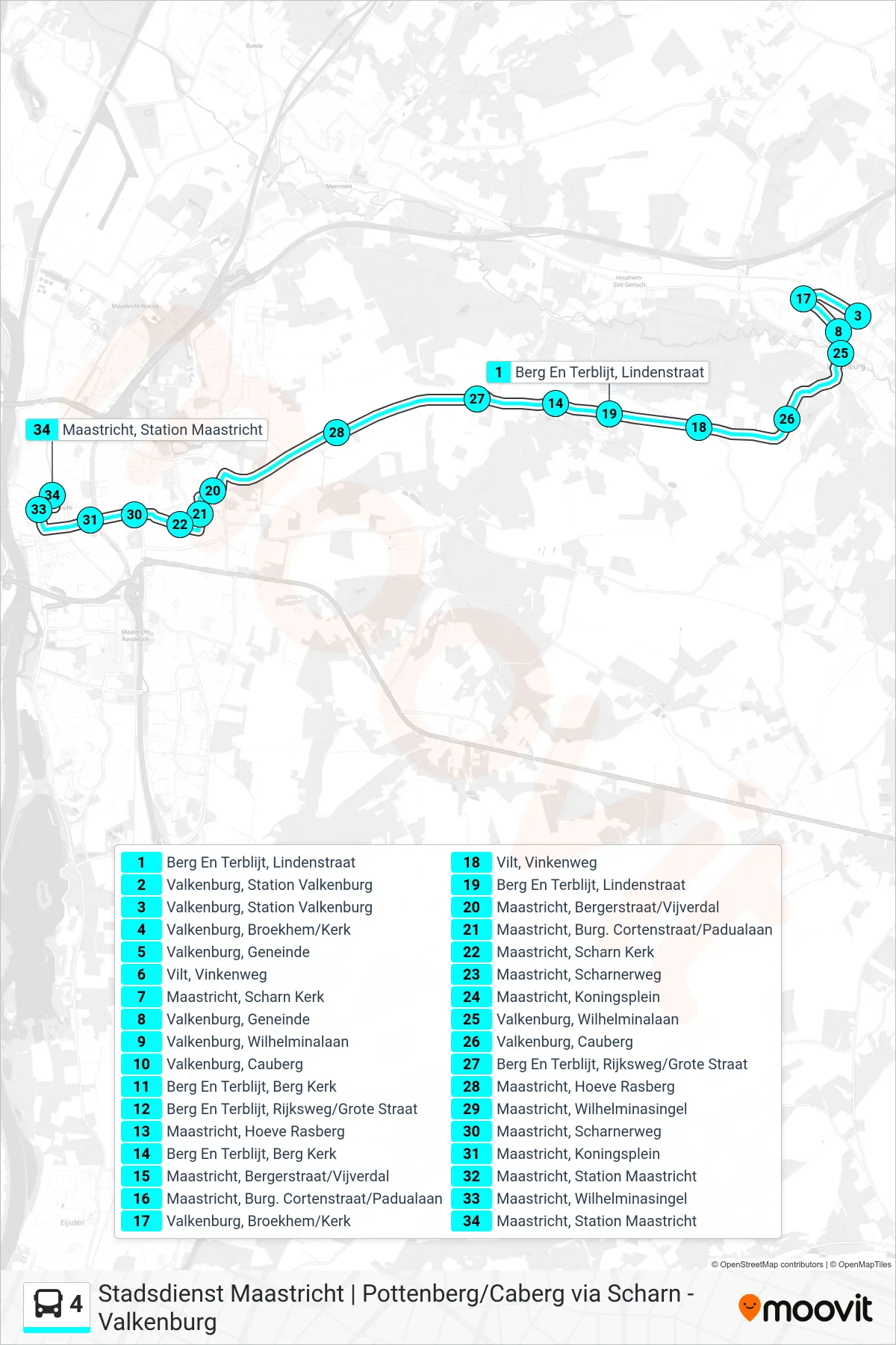Lijn 4 (bus, Maastricht Station): route en haltes op de kaart