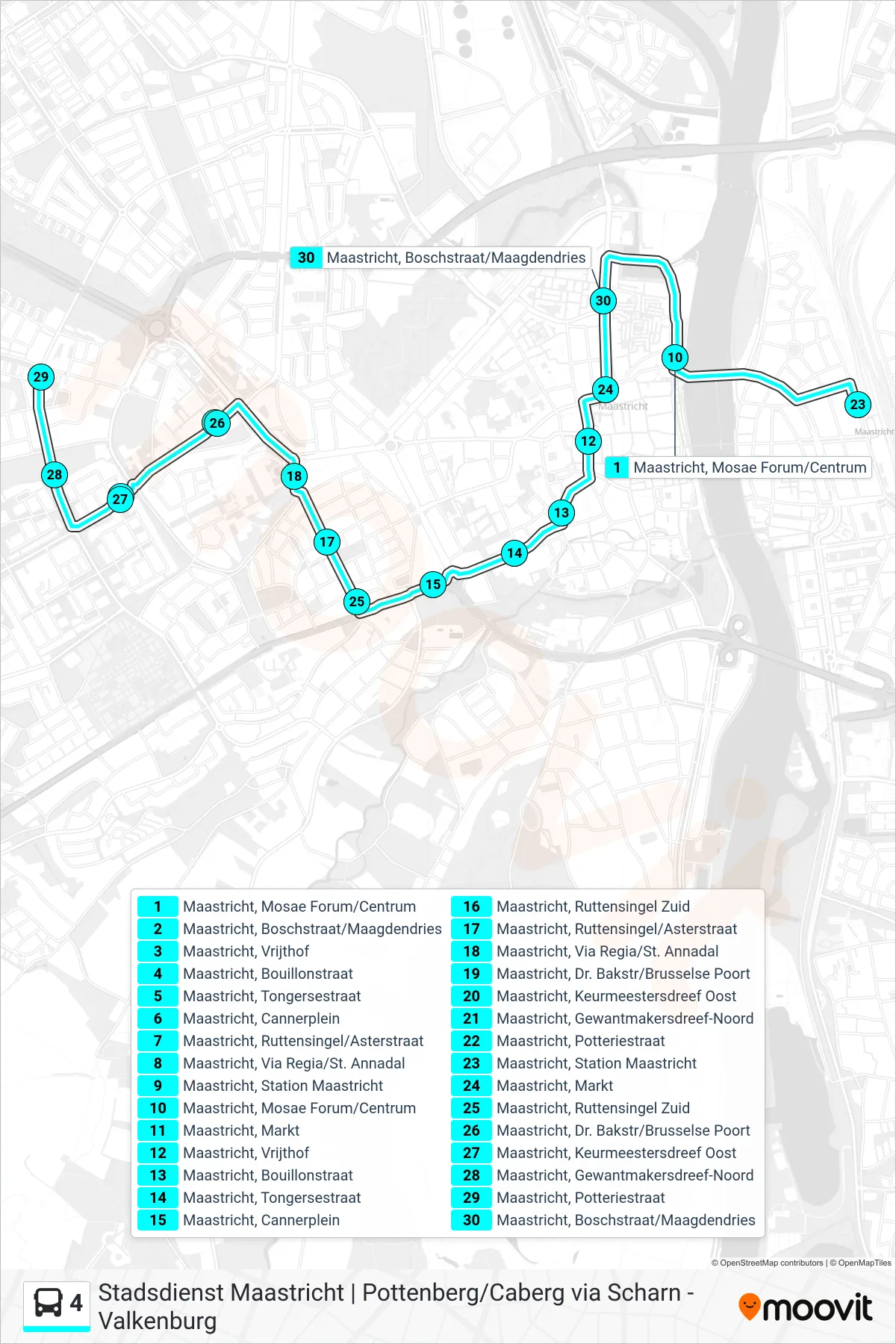 Lijn 4 (bus, Pottenberg - Caberg): route en haltes op de kaart