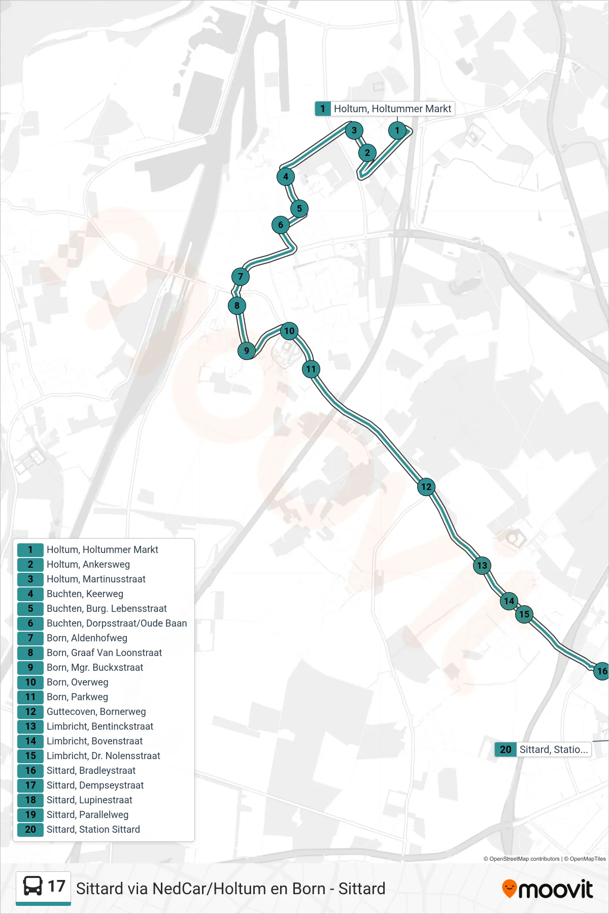 17 bus Line (Sittard) route and stops on a map