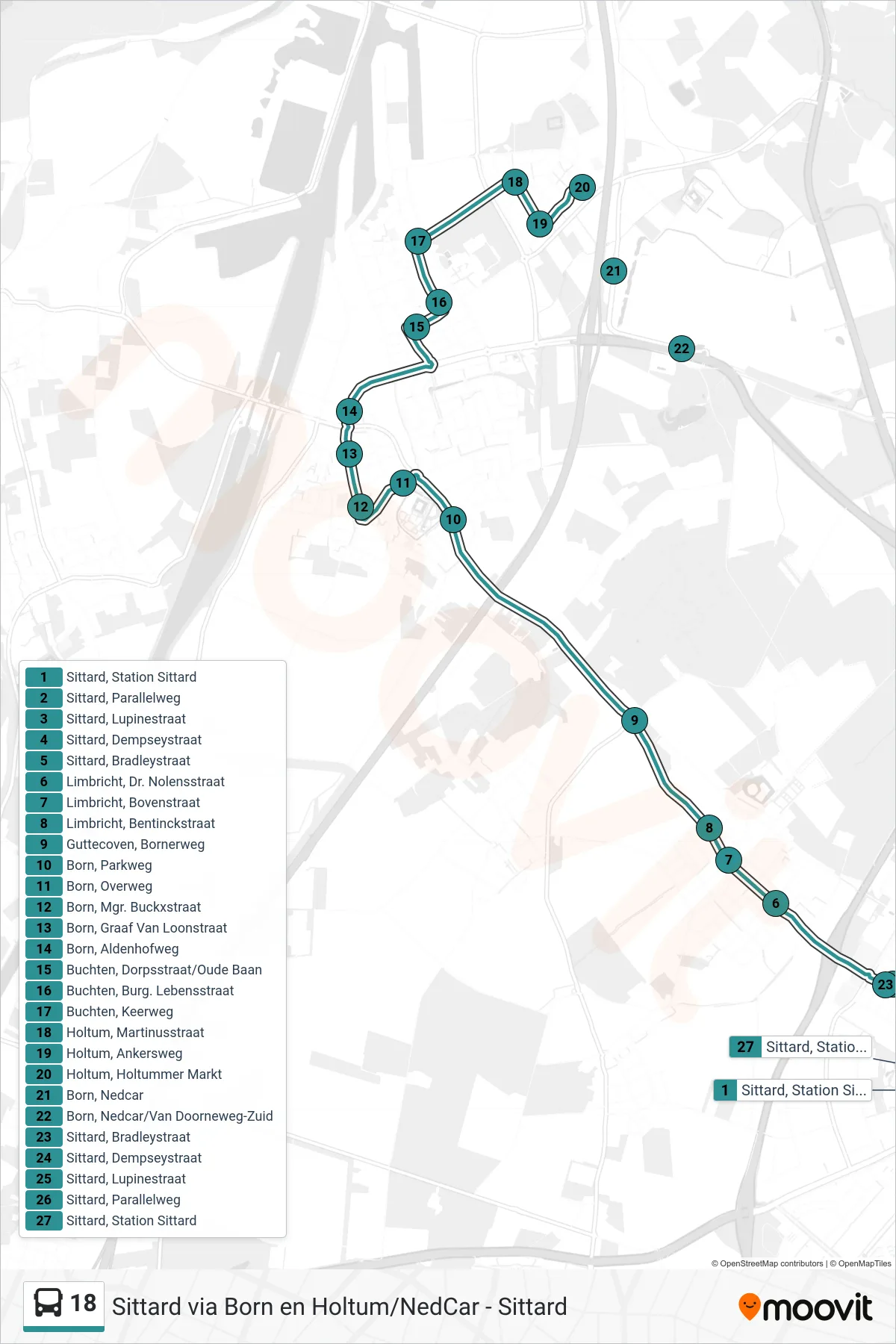 Lijn 18 (bus, Holtum): route en haltes op de kaart