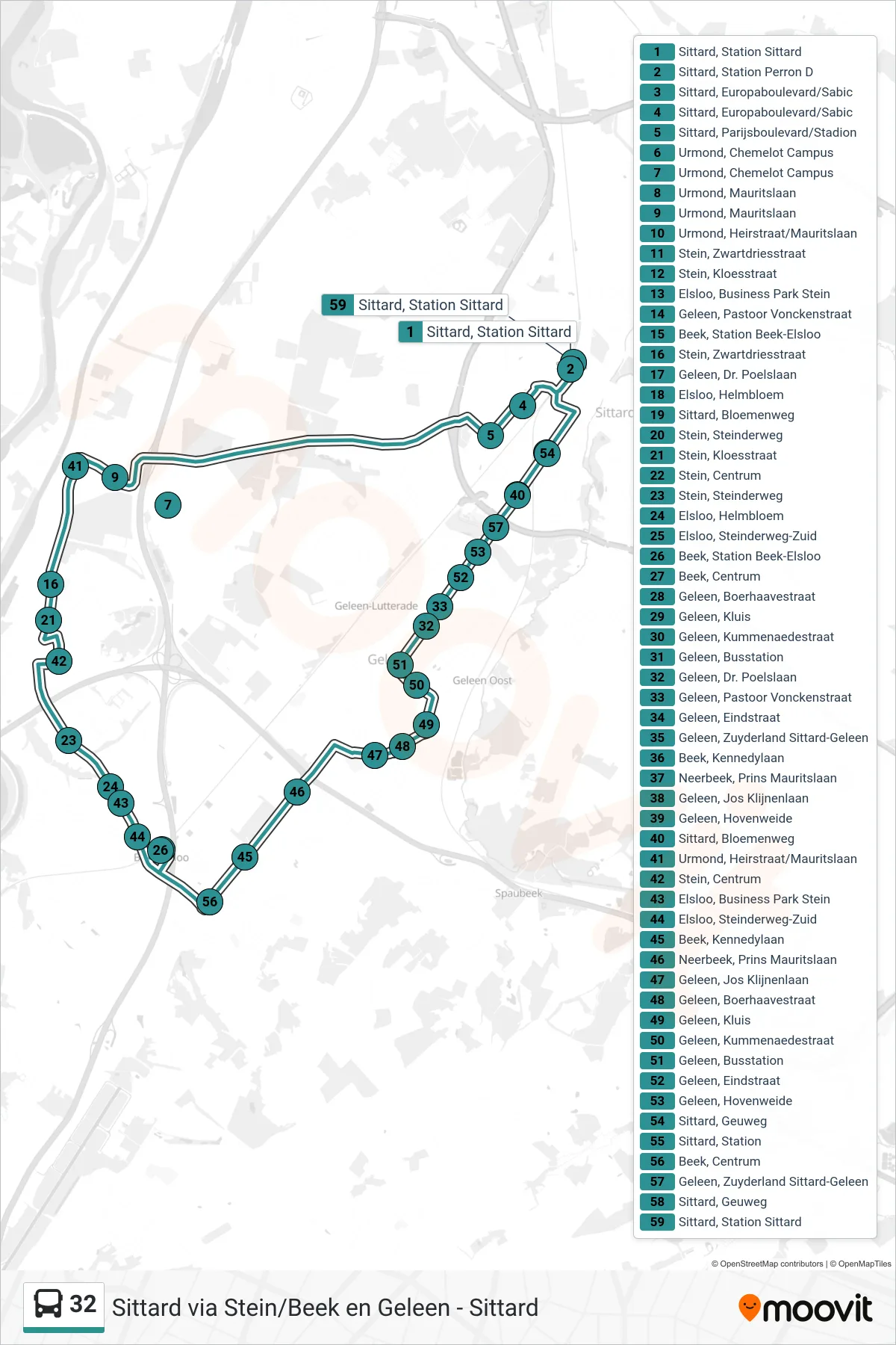 Lijn 32 (bus, Beek): route en haltes op de kaart