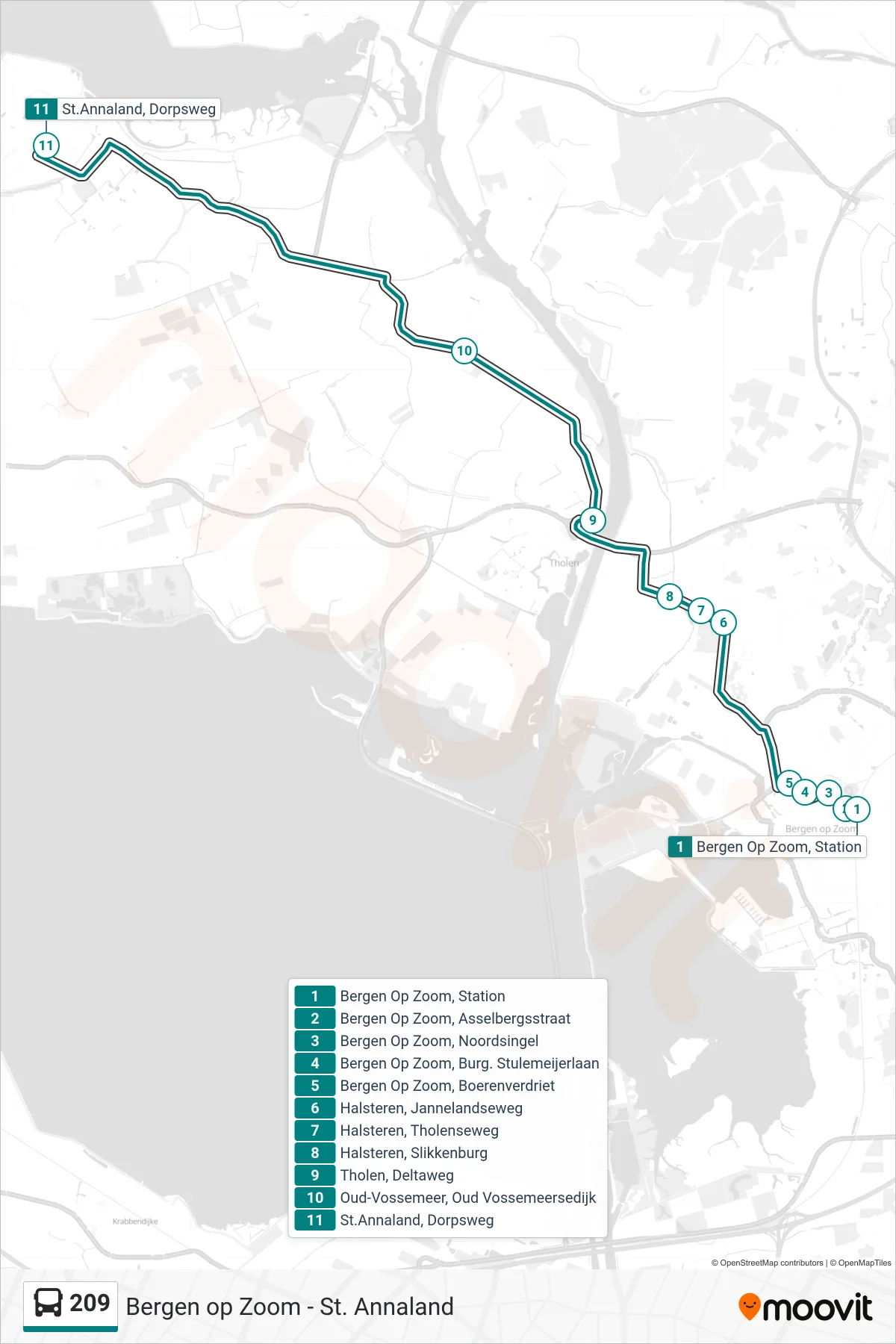 Lijn 209 (bus, St.Annaland Dorpsweg): route en haltes op de kaart