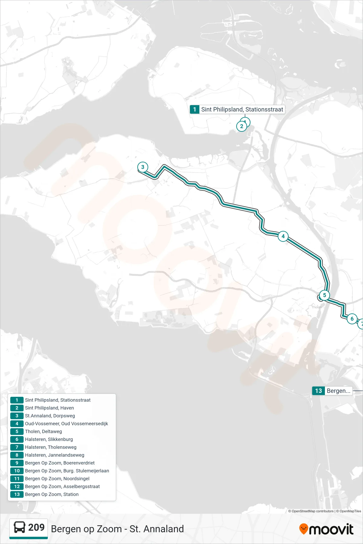 Lijn 209 (bus, Bergen Op Zoom Station): route en haltes op de kaart
