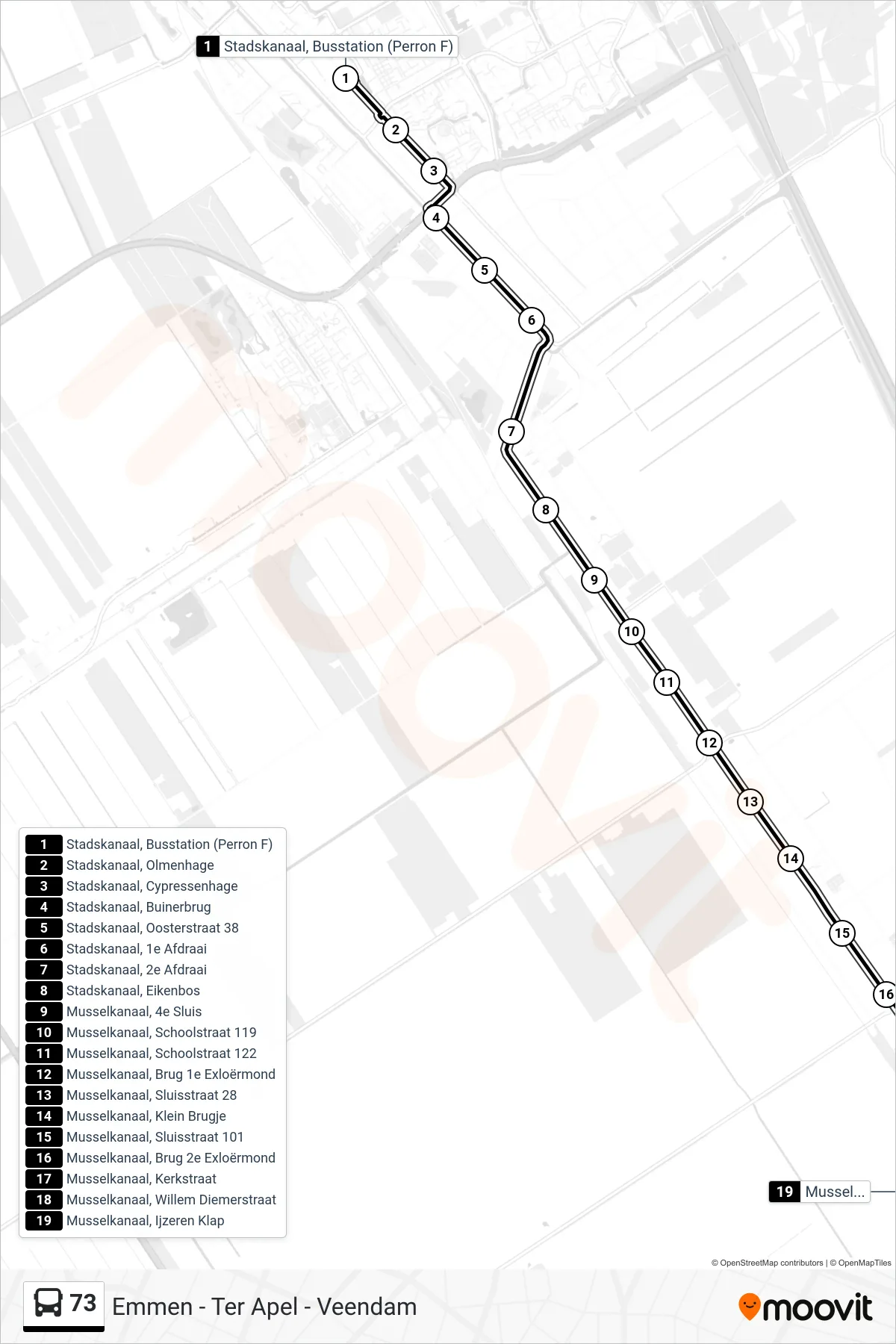 Lijn 73 (bus, Musselkanaal): route en haltes op de kaart