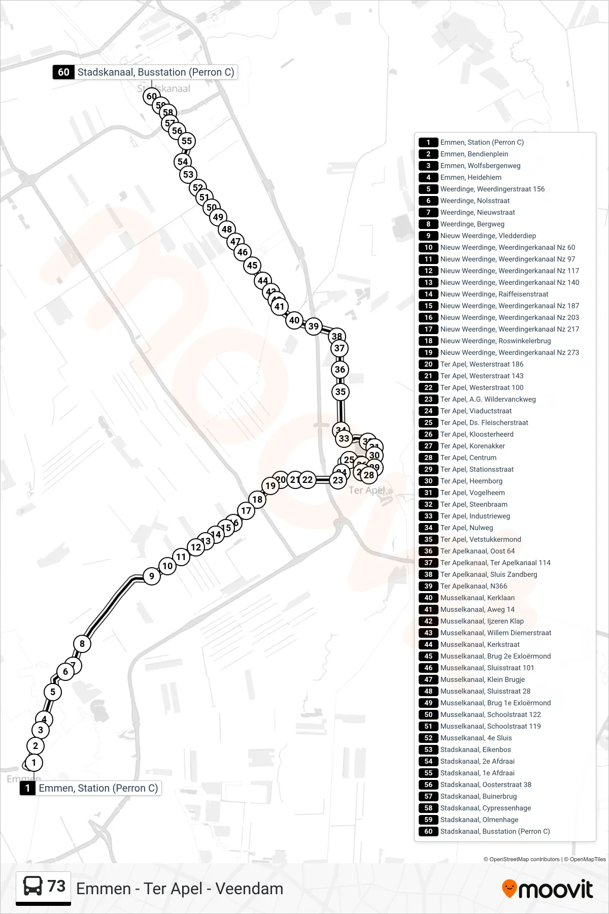 Lijn 73 (bus, Stadskanaal): route en haltes op de kaart