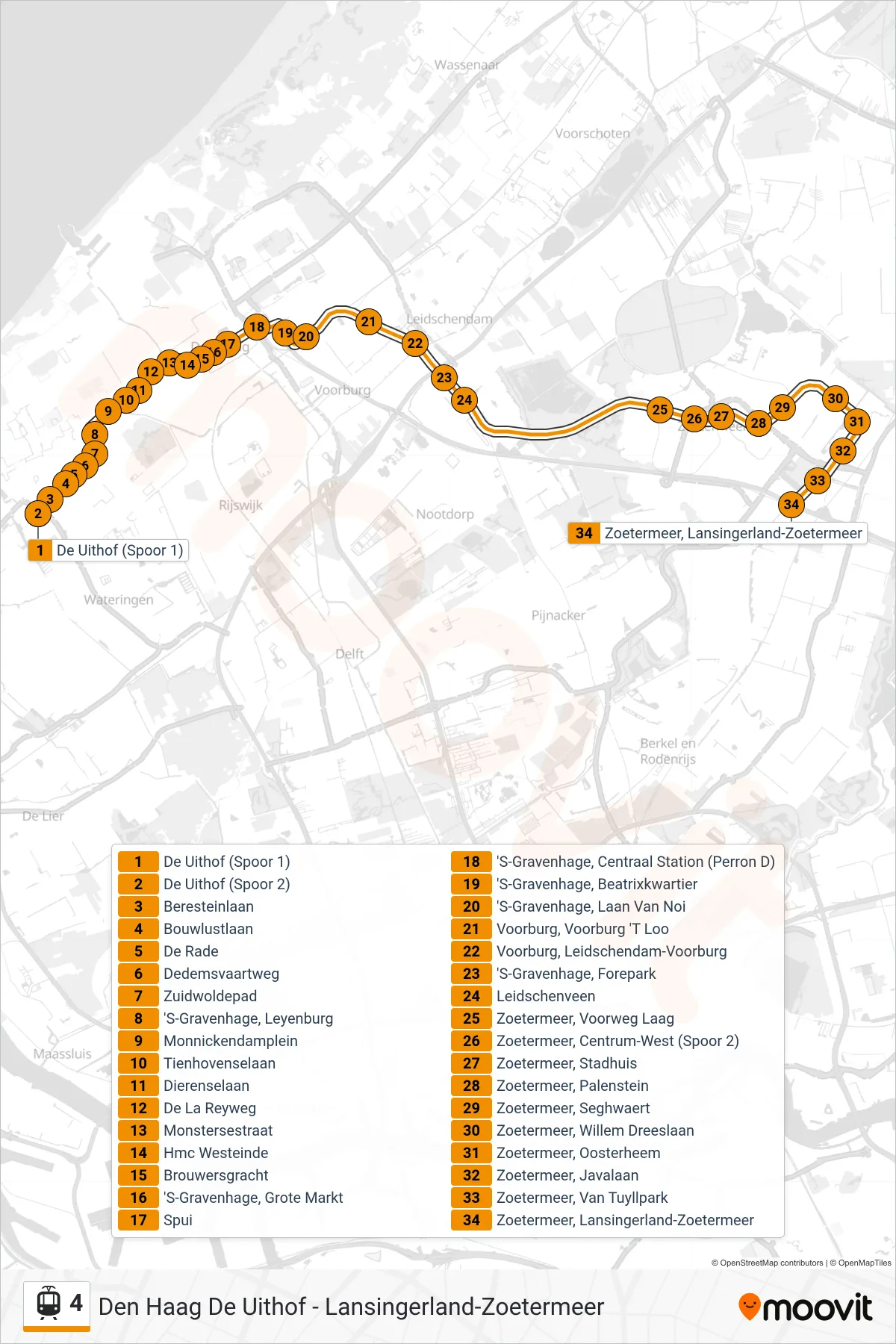 Lijn 4 (tram, Den Haag De Uithof): route en haltes op de kaart