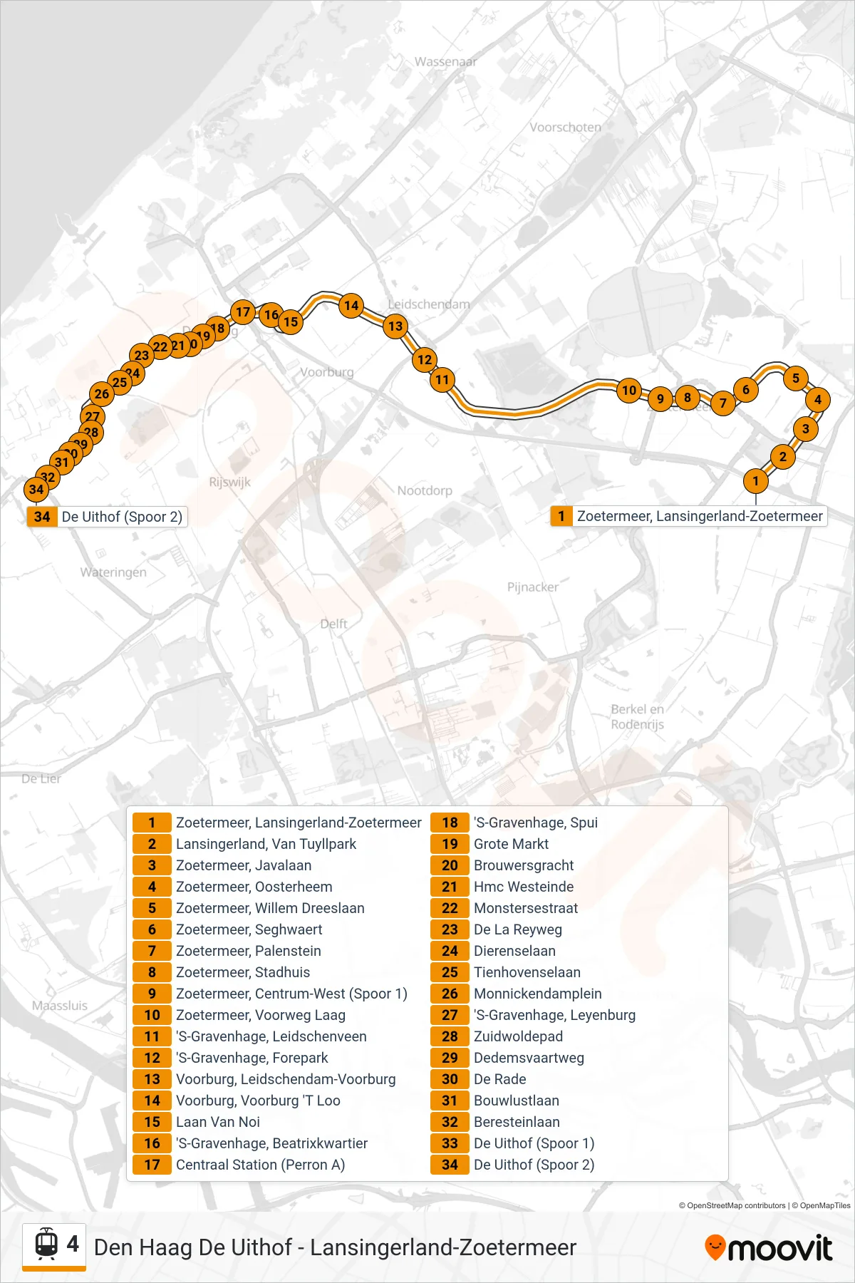 Lijn 4 (tram, Lansingerland Zoetermeer): route en haltes op de kaart