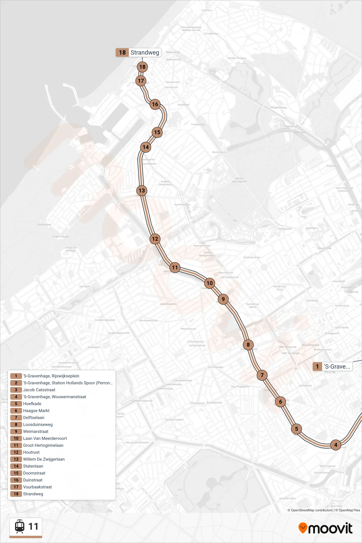 Lijn 11 (tram, Station Hollands Spoor): route en haltes op de kaart