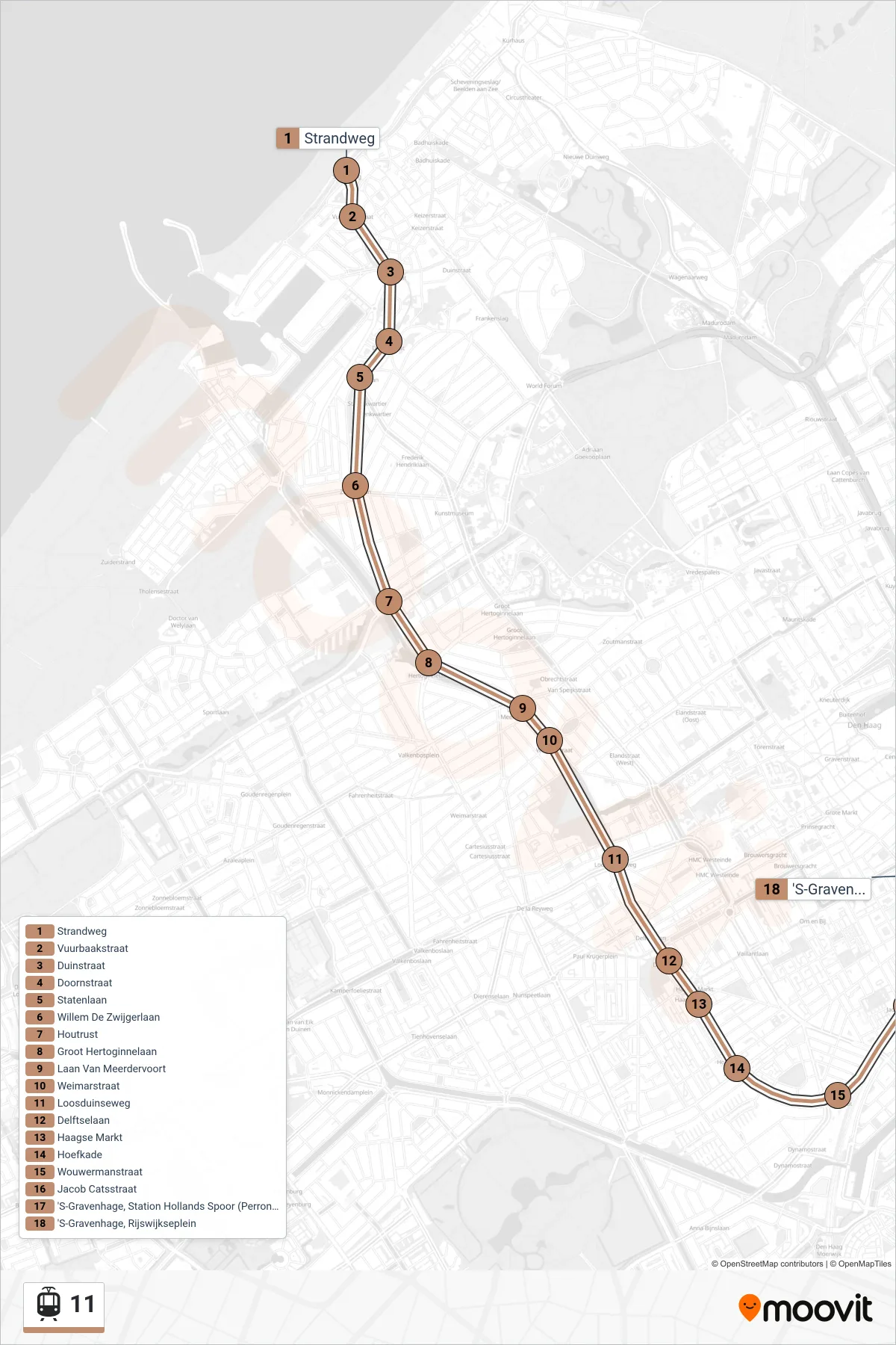 Lijn 11 (tram, Scheveningen Haven): route en haltes op de kaart