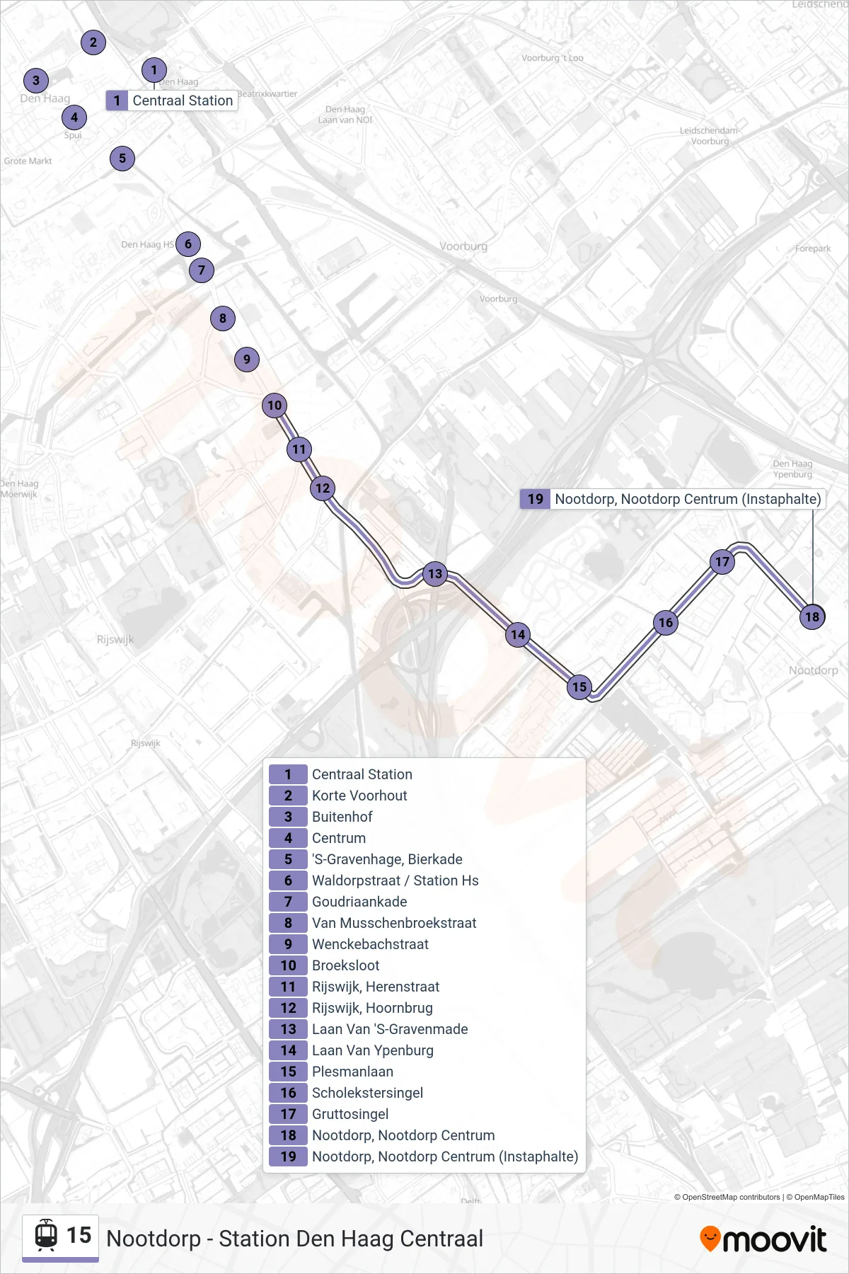 Lijn 15 (tram, Centraal Station): route en haltes op de kaart