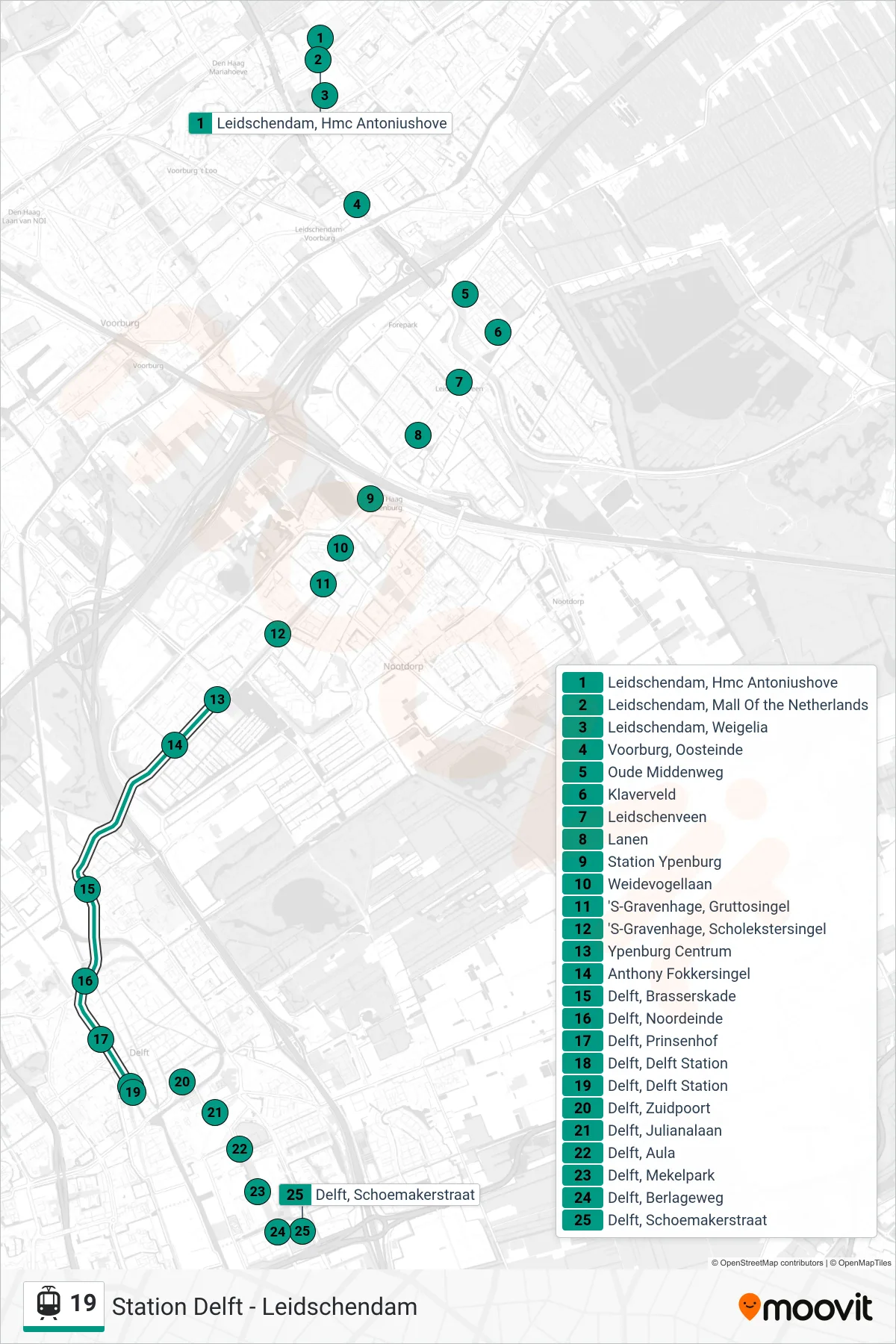 Lijn 19 (tram, Leidschendam): route en haltes op de kaart