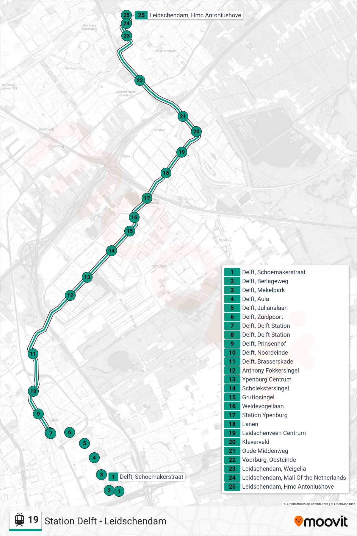 Lijn 19 (tram, Station Delft): route en haltes op de kaart