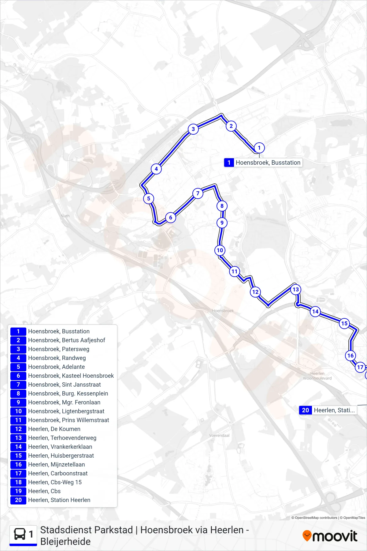 1 bus Line (Heerlen Station) route and stops on a map