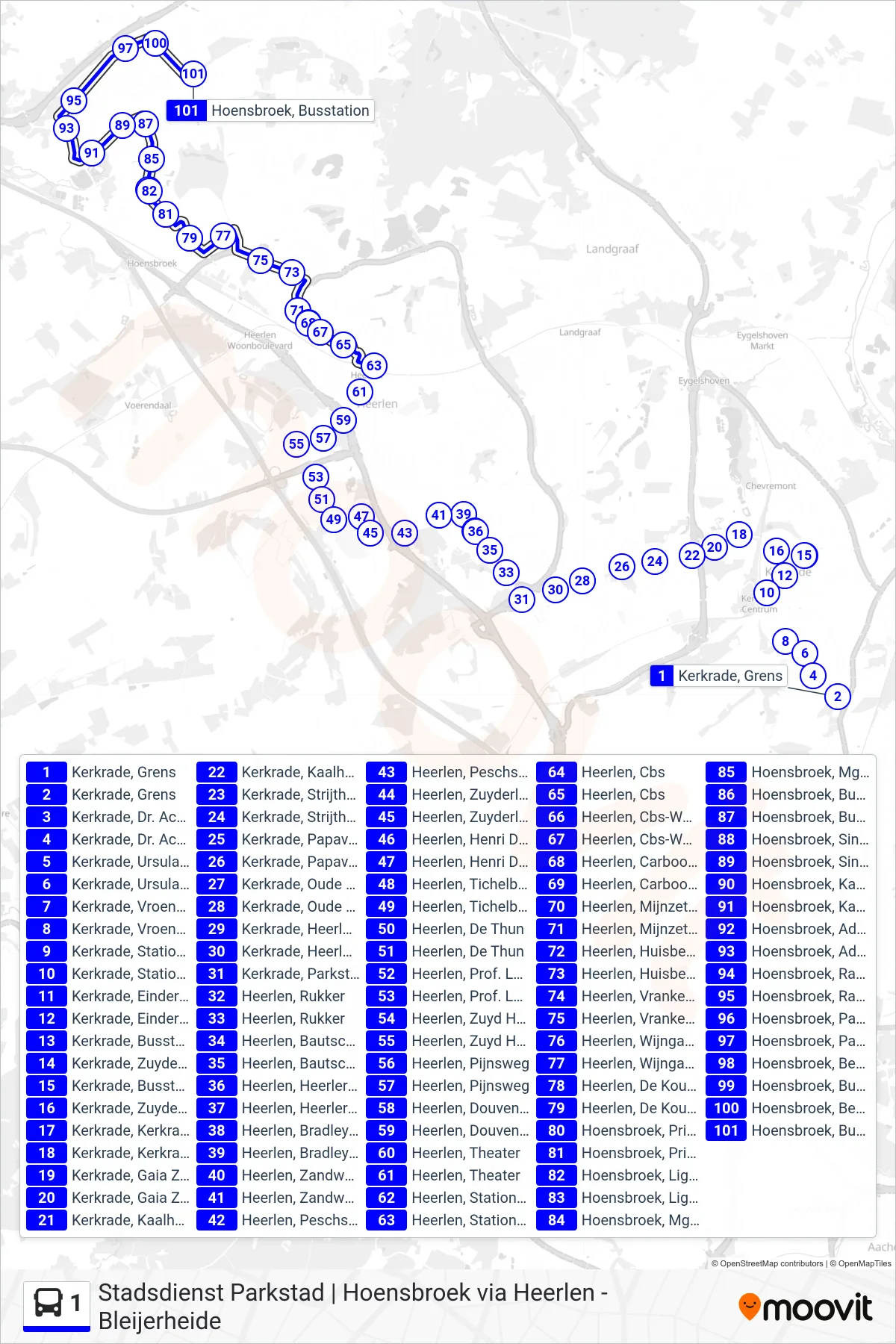 Lijn 1 (bus, Hoensbroek): route en haltes op de kaart