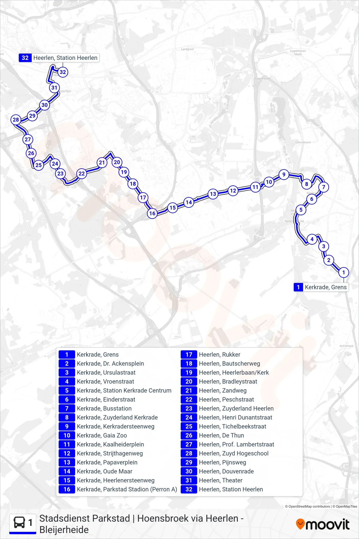Lijn 1 (bus, Heerlen Station): route en haltes op de kaart