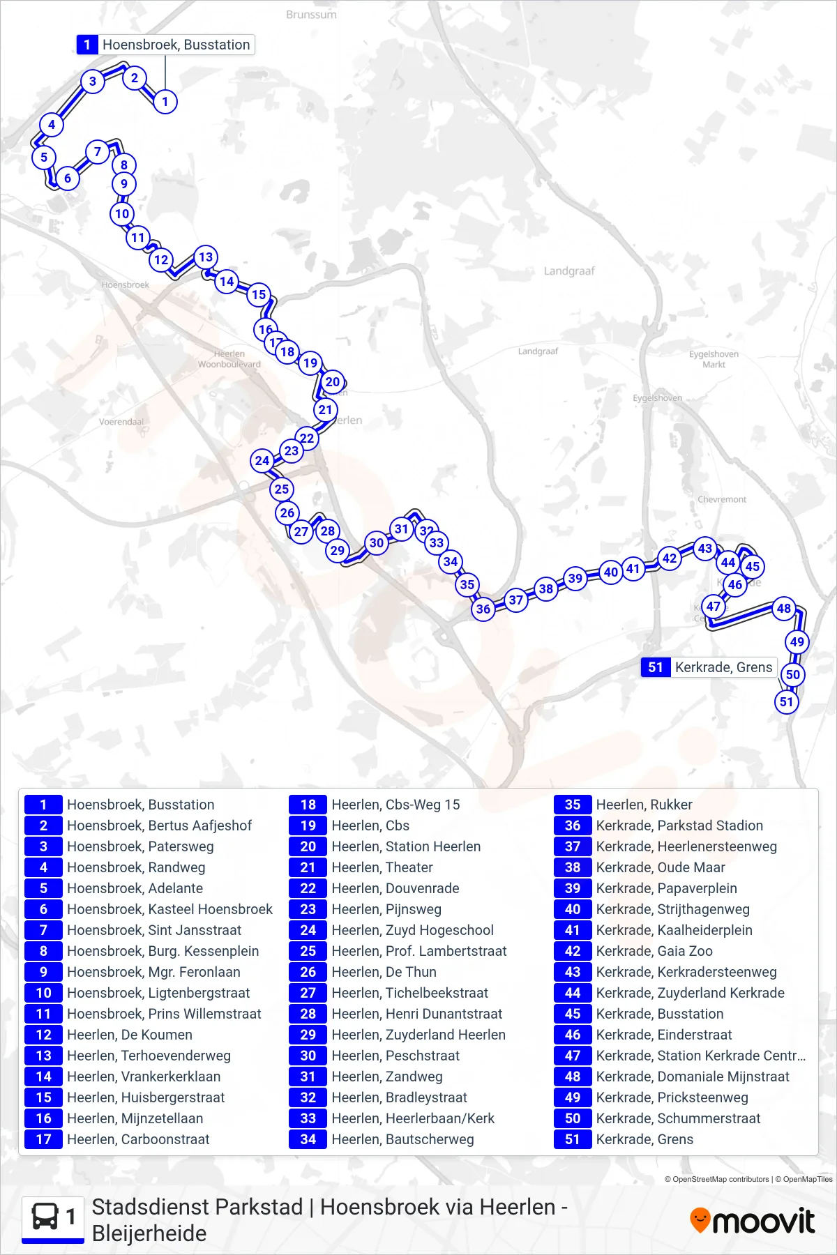 Lijn 1 (bus, Bleijerheide): route en haltes op de kaart