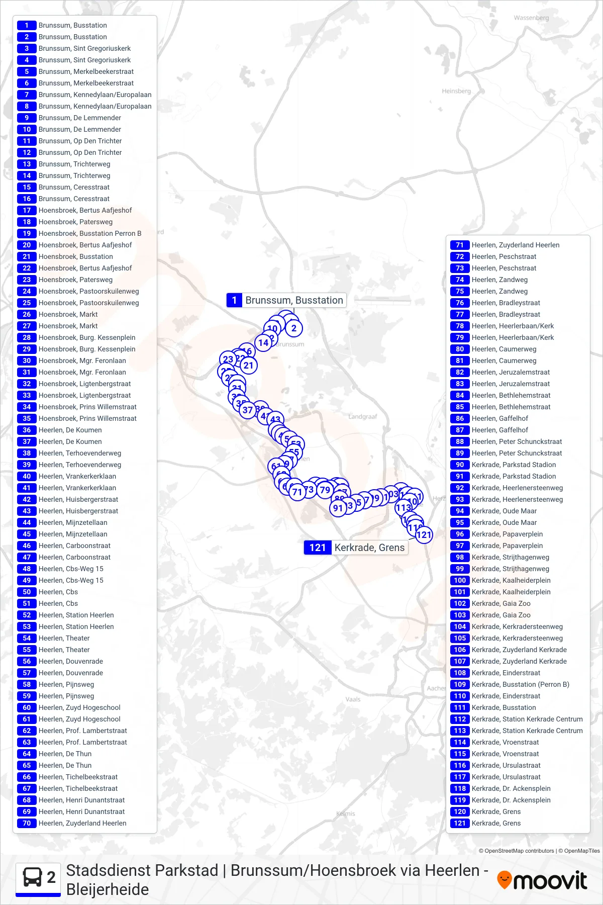 Lijn 2 (bus, Bleijerheide): route en haltes op de kaart