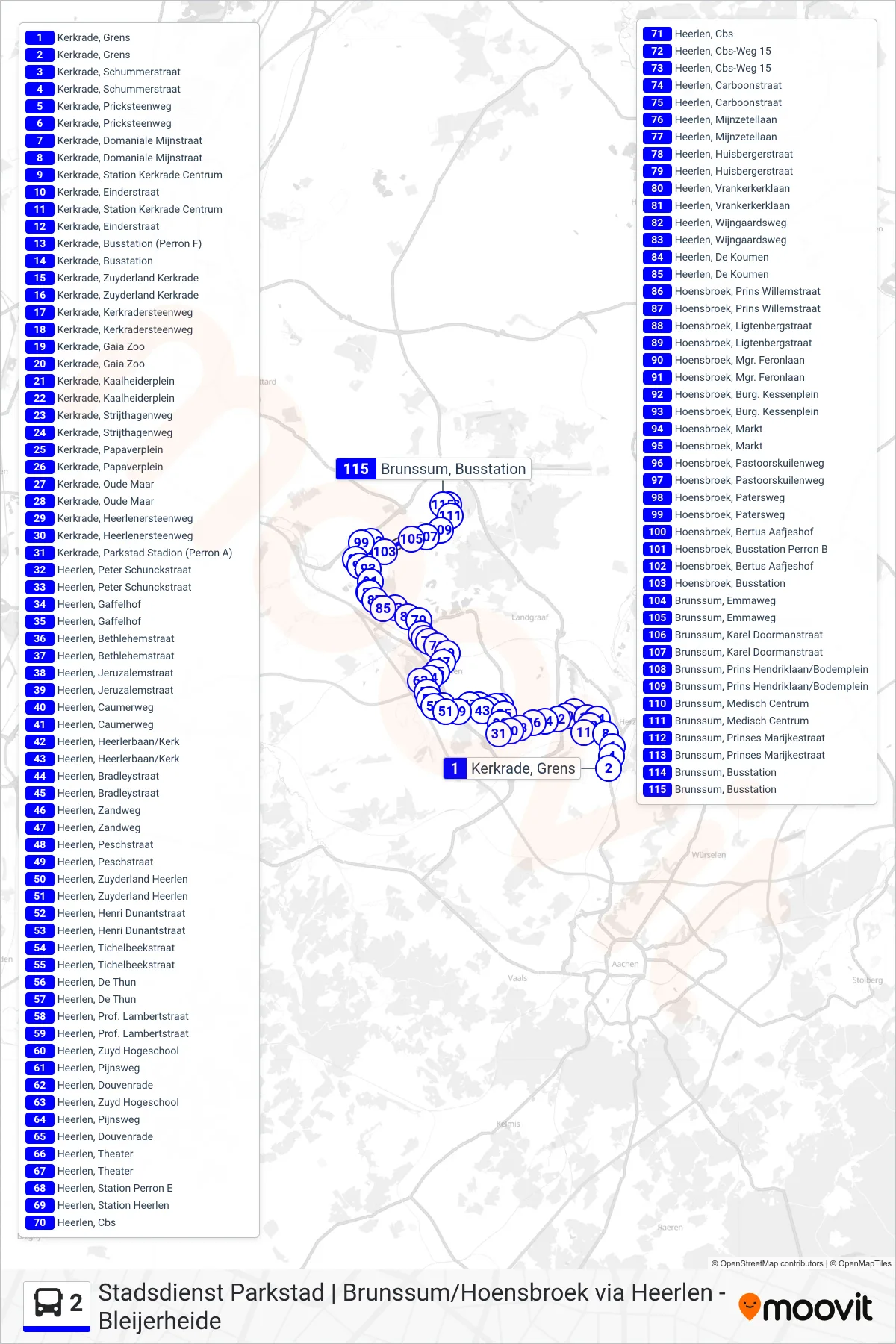Lijn 2 (bus, Brunssum): route en haltes op de kaart